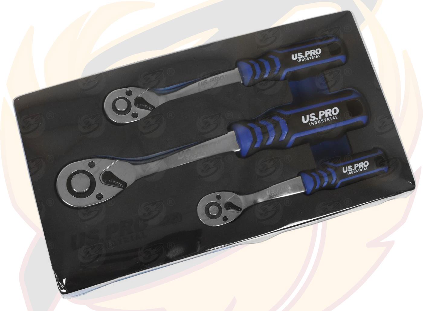 US PRO INDUSTRIAL 3PCS 1/4" & 3/8" & 1/2" DRIVE 90 TOOTH RATCHET HANDLES