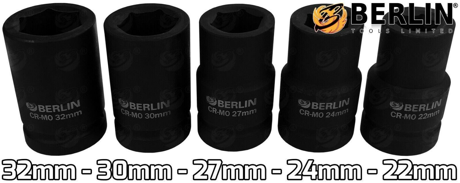 BERLIN 10PCS 1" DRIVE 6 POINT DEEP IMPACT SOCKETS 22MM - 50MM