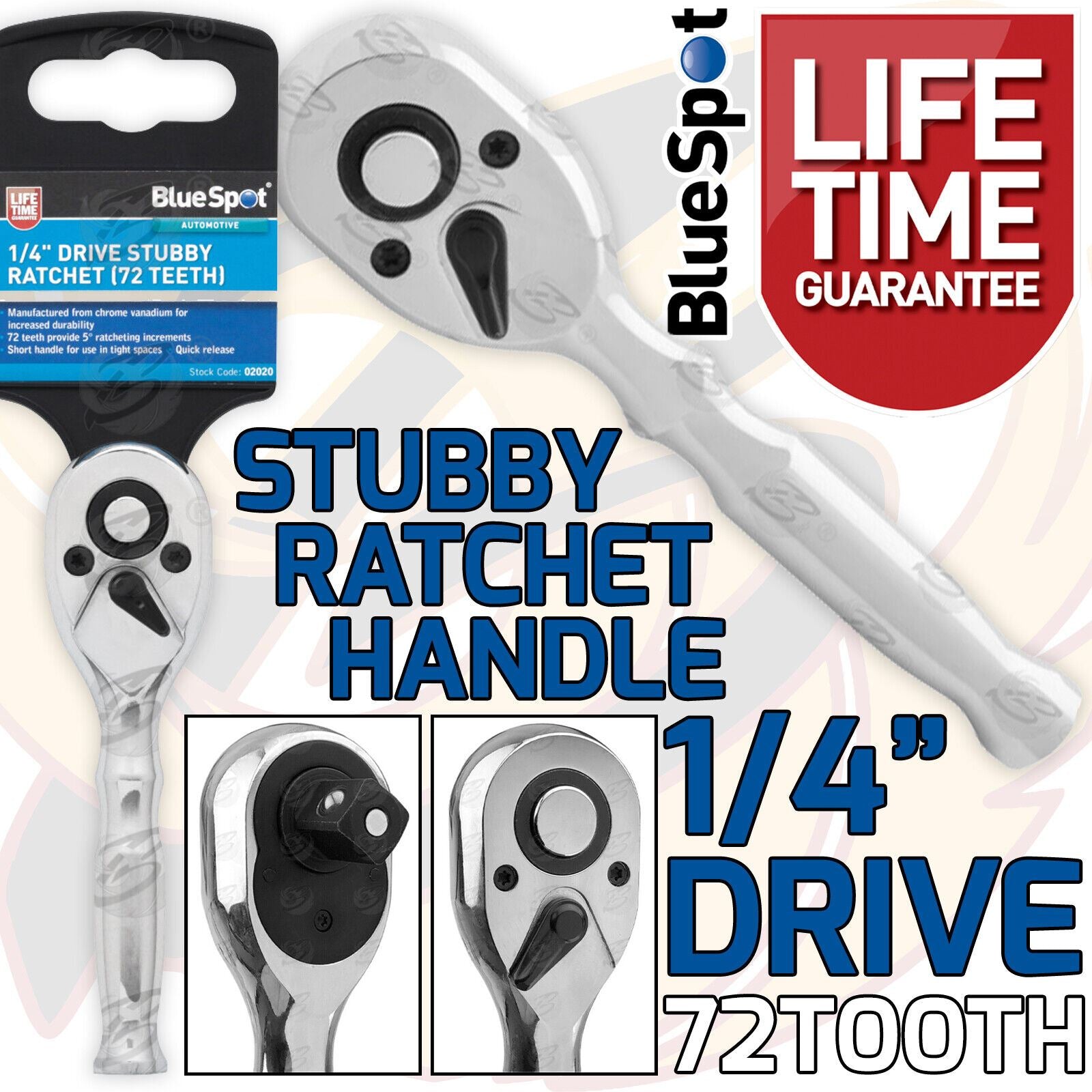 BlueSpot 1/4" Drive 72 Tooth Stubby Ratchet Handle 02020