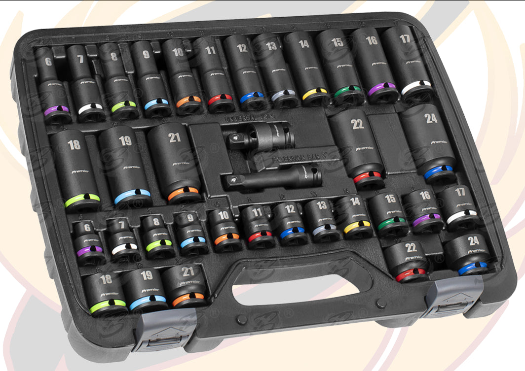 SEALEY 36PCS 3/8" DRIVE 6 POINT DEEP & SHALLOW IMPACT SOCKETS 6MM - 24MM