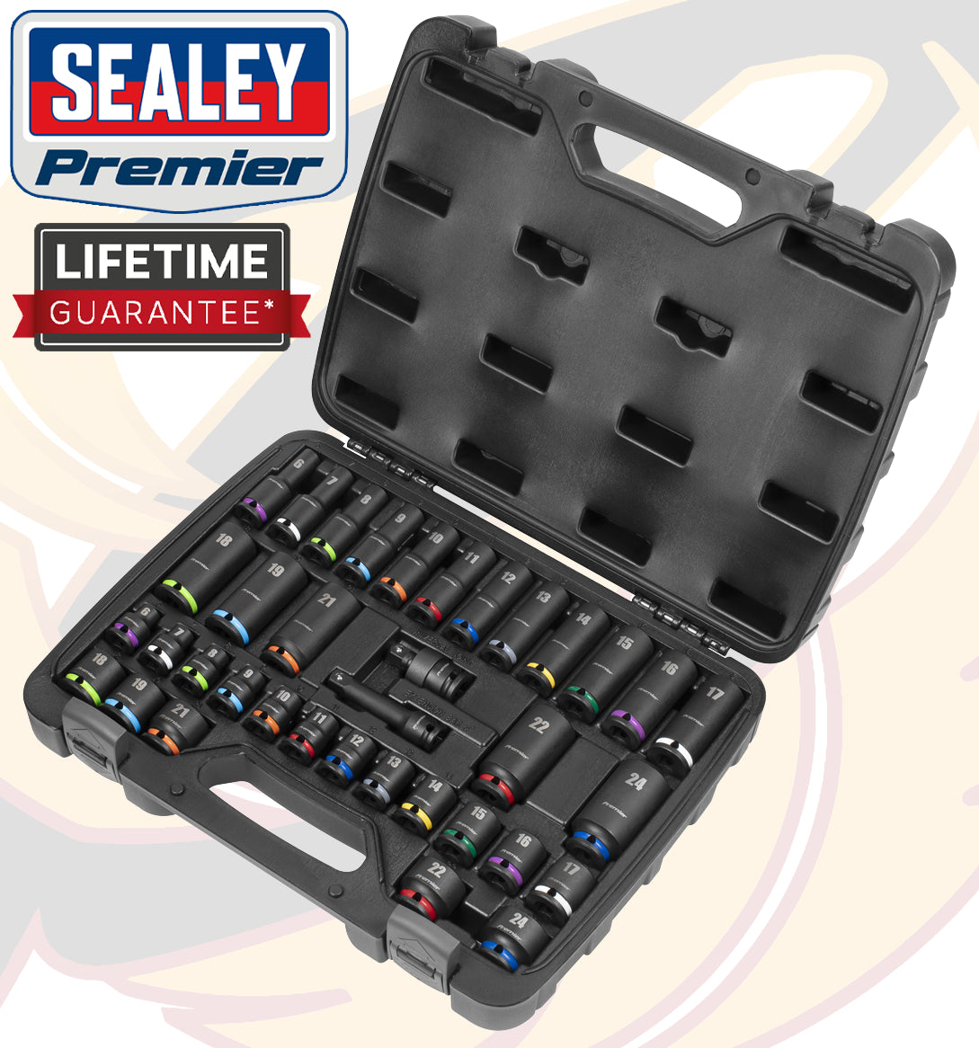 SEALEY 36PCS 3/8" DRIVE 6 POINT DEEP & SHALLOW IMPACT SOCKETS 6MM - 24MM