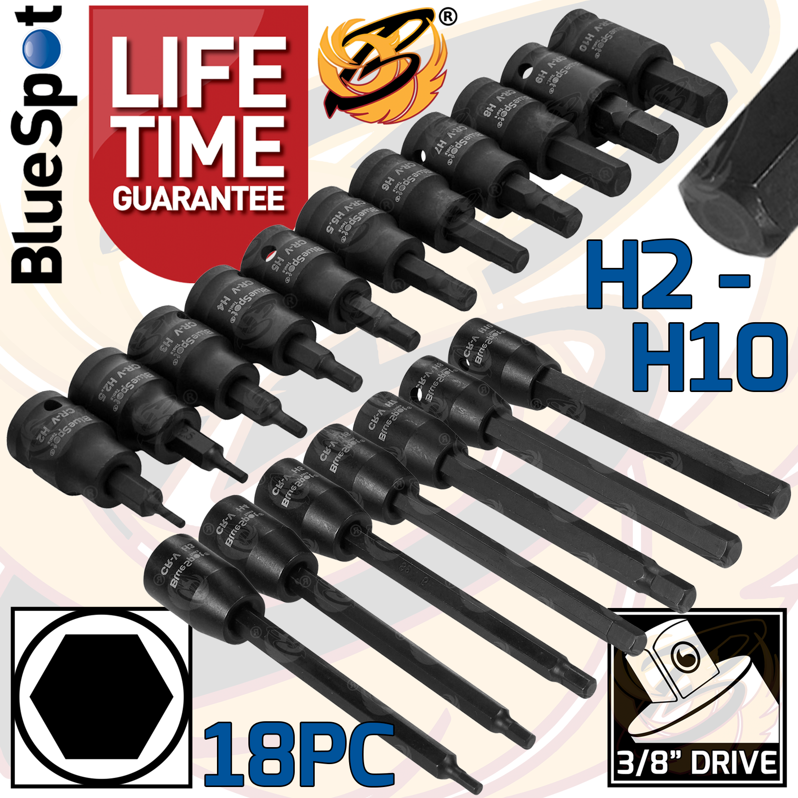 BLUESPOT 53PCS 3/8" DRIVE IMPACT HEX - TORX - SPLINE LONG & SHORT BIT SOCKETS