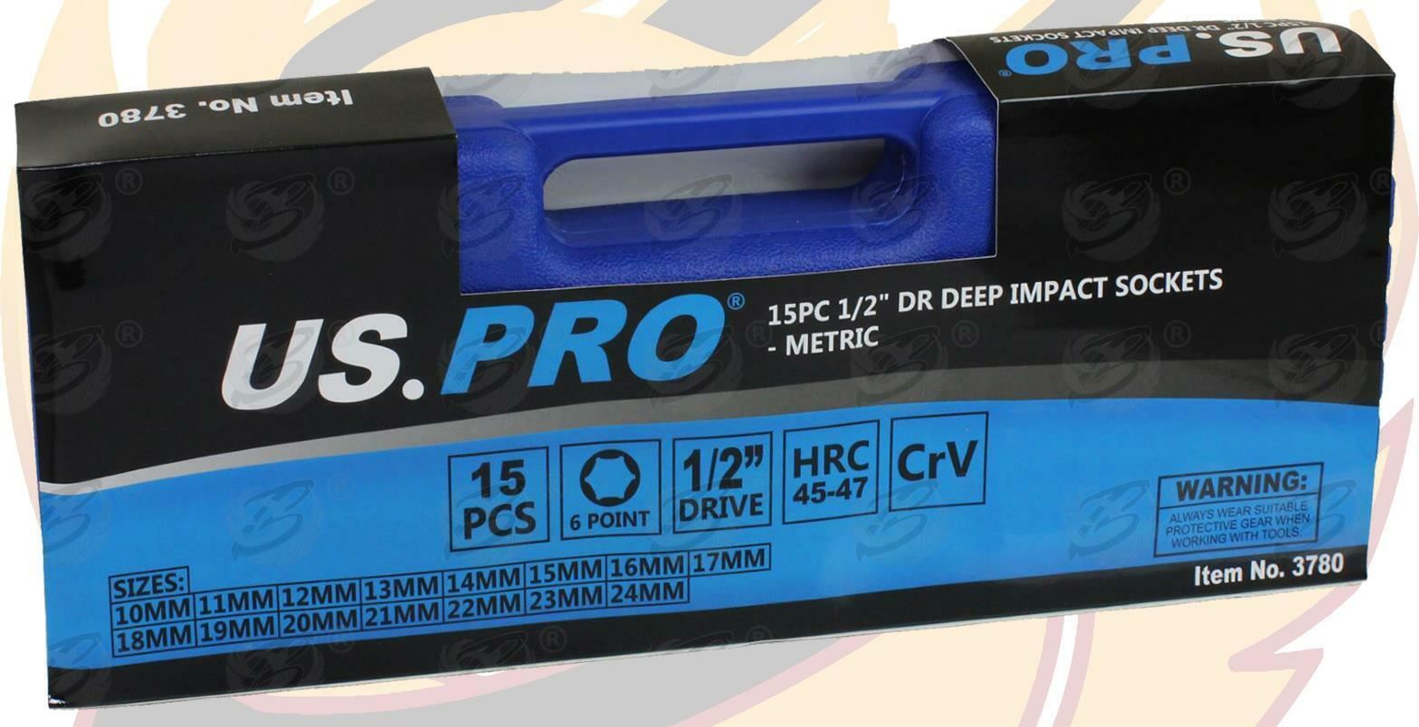 US PRO 15PCS 1/2" DRIVE 6 POINT DEEP IMPACT SOCKETS 10MM - 24MM