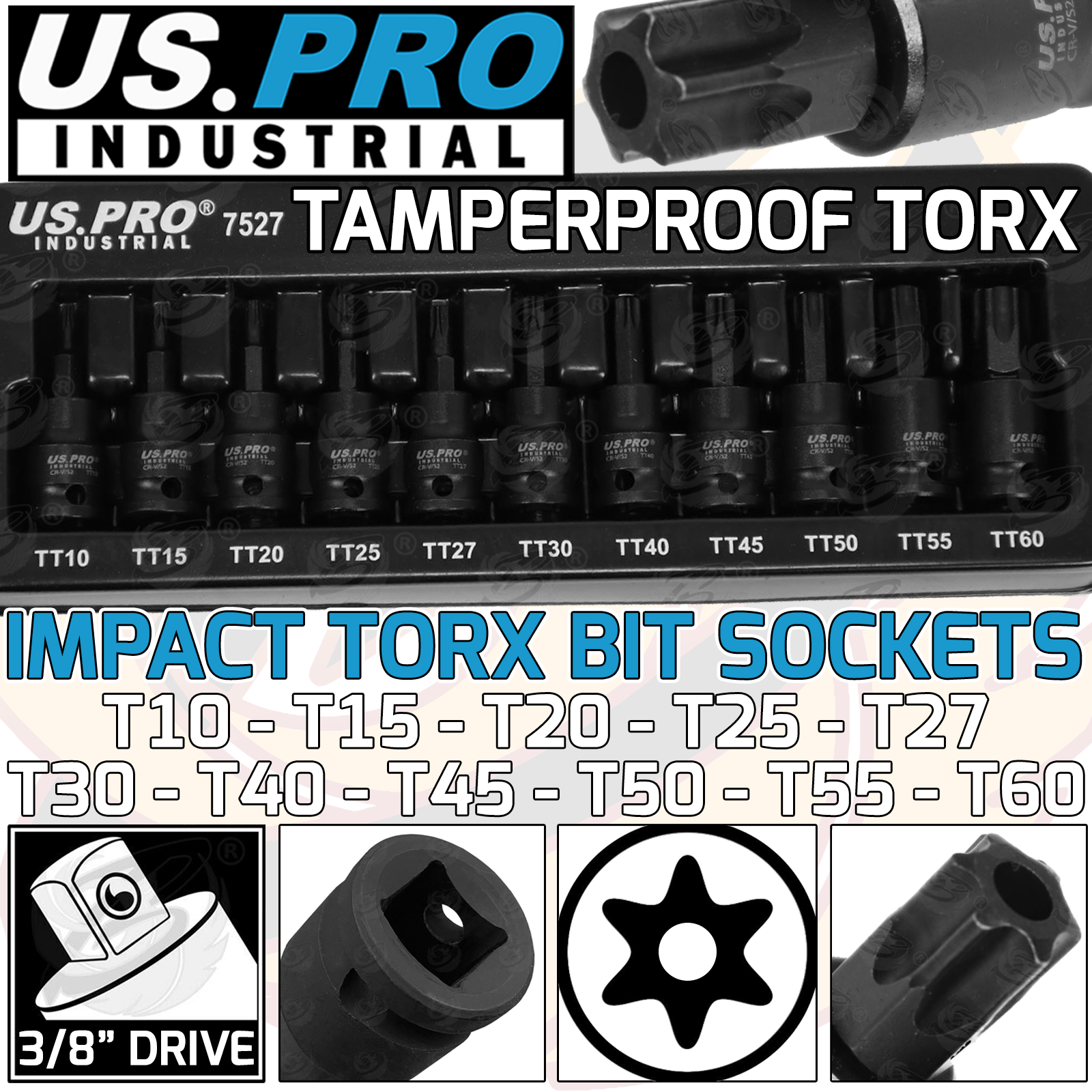 US Pro 11 Piece 3/8" Drive Impact Tamperproof Torx Bit Sockets T10 - T60 ( 7527 )