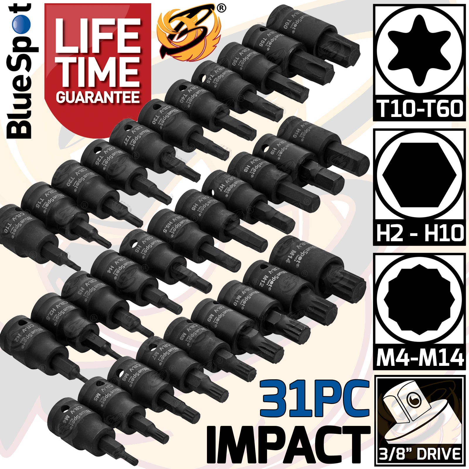 BLUESPOT 31PCS 3/8" DRIVE IMPACT HEX - TORX - SPLINE BIT SOCKETS