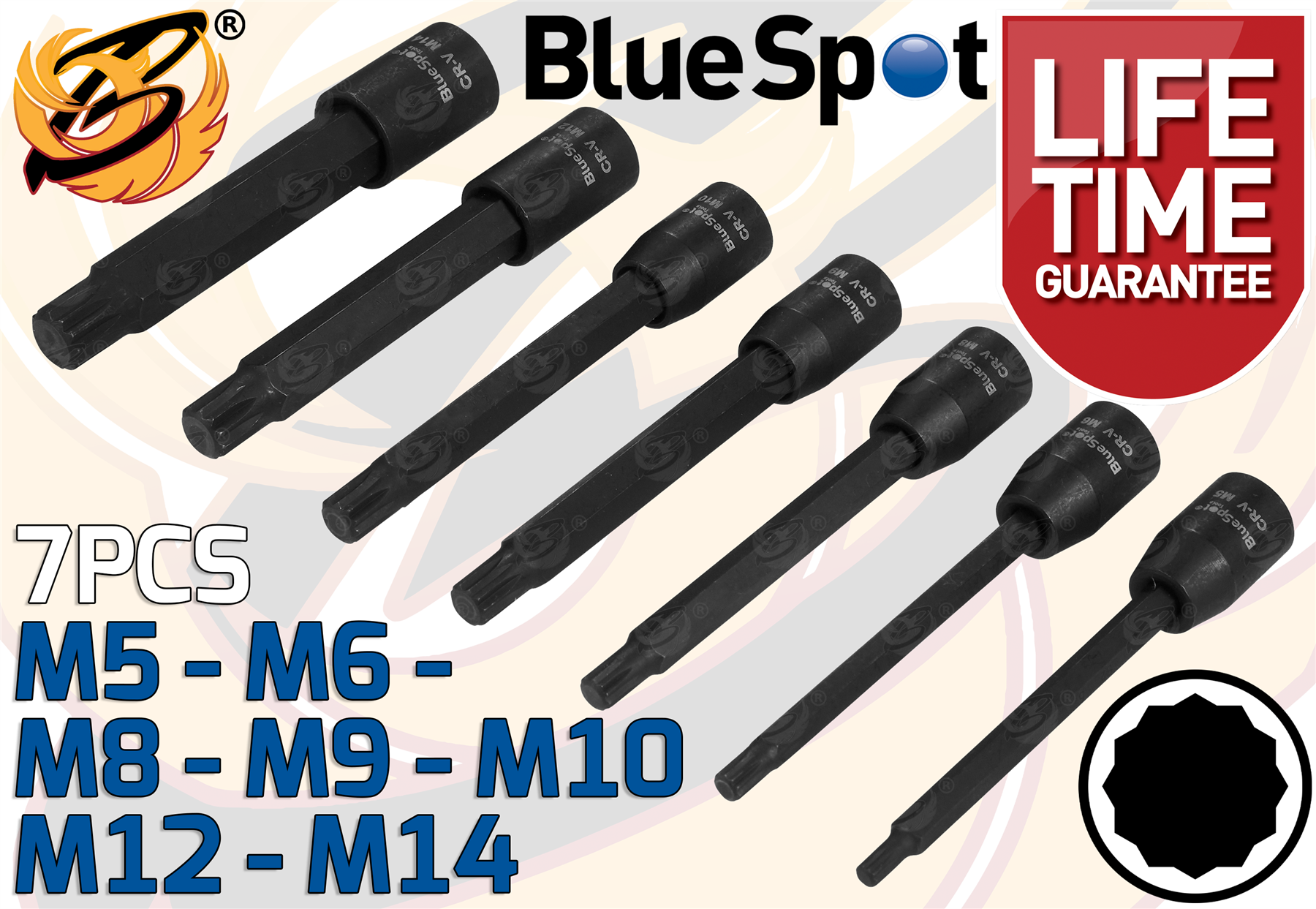 BLUESPOT 16 PCE 3/8" DRIVE SHORT & LONG IMPACT SPLINE BIT SOCKETS (M4 - M14)