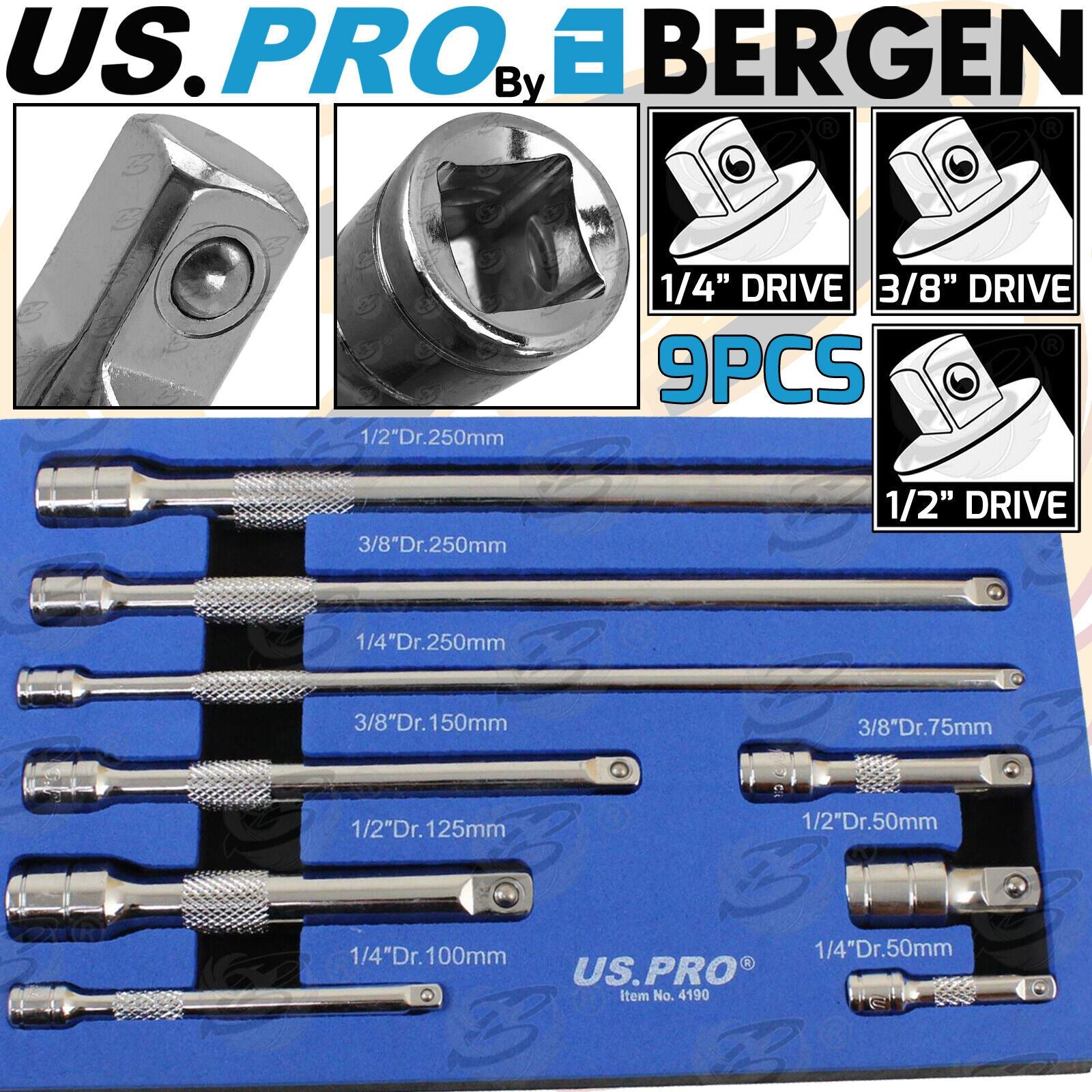 US PRO 9PCS 1/4" & 3/8" & 1/2" DRIVE EXTENSION BARS 50MM - 250MM