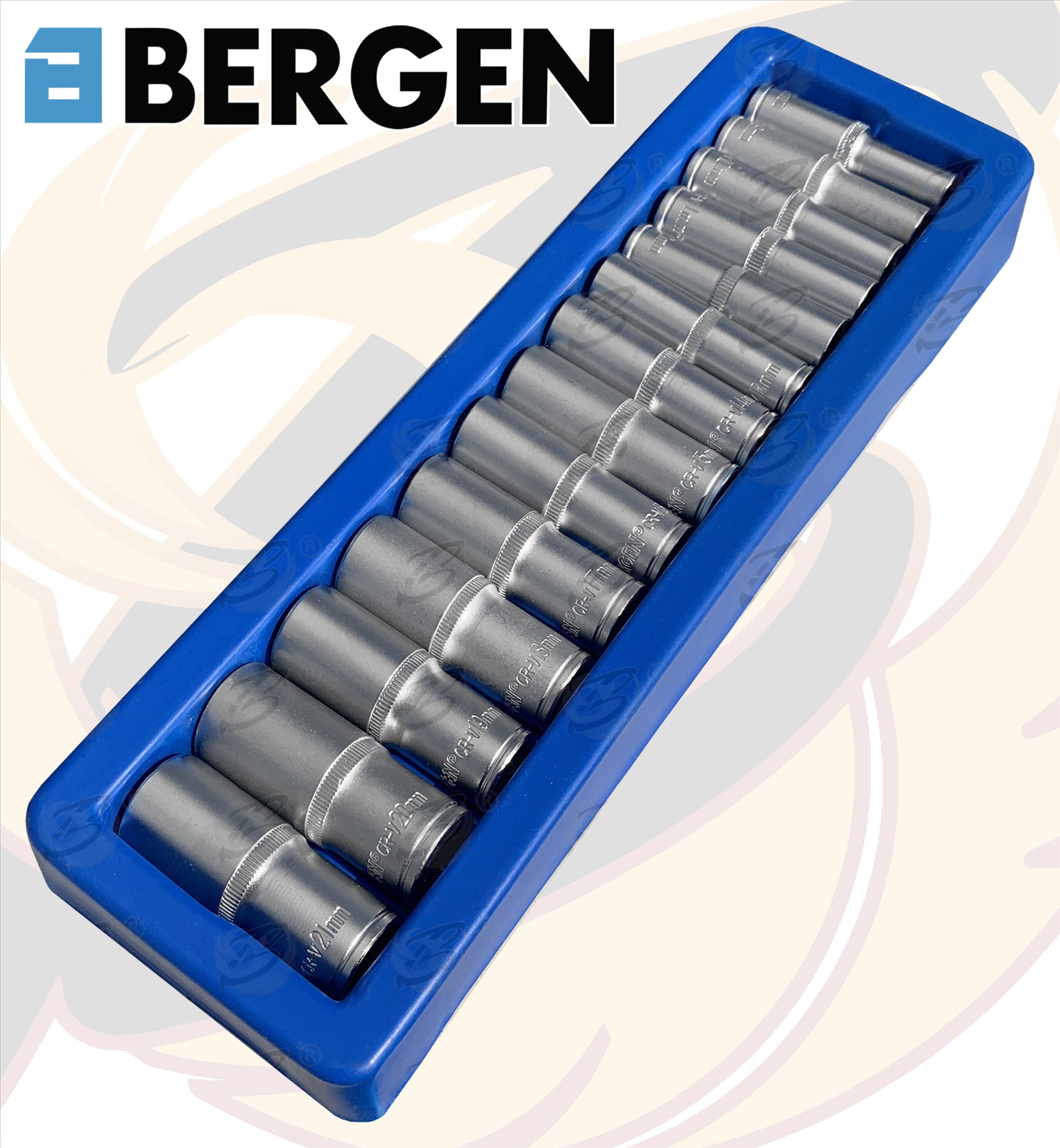 BERGEN 14PCS 3/8" DRIVE 6 POINT DEEP SOCKETS 8MM - 21MM ( SATIN FINISH )