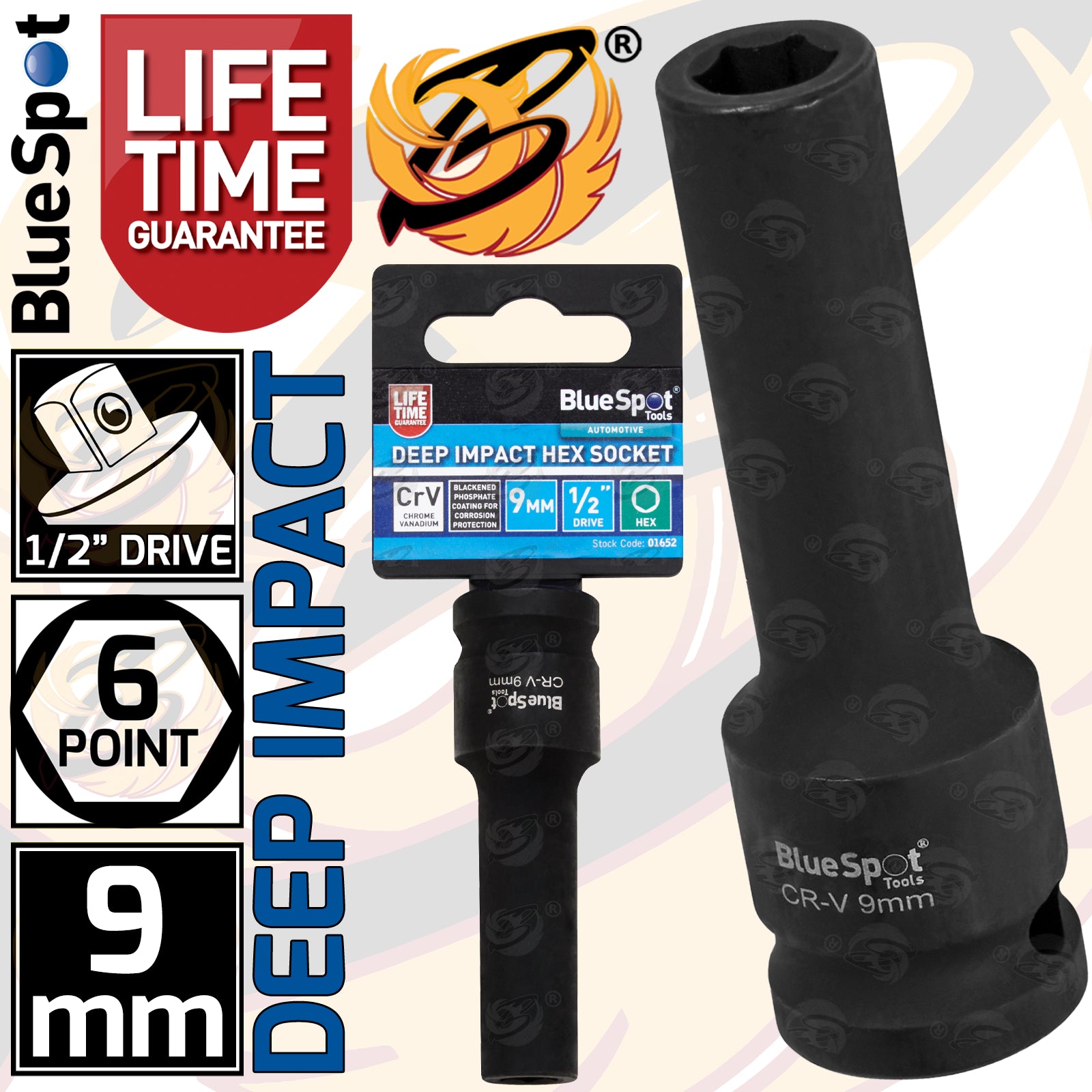 BLUESPOT 9MM 1/2" DRIVE 6 POINT DEEP IMPACT SOCKET ( SINGLE )