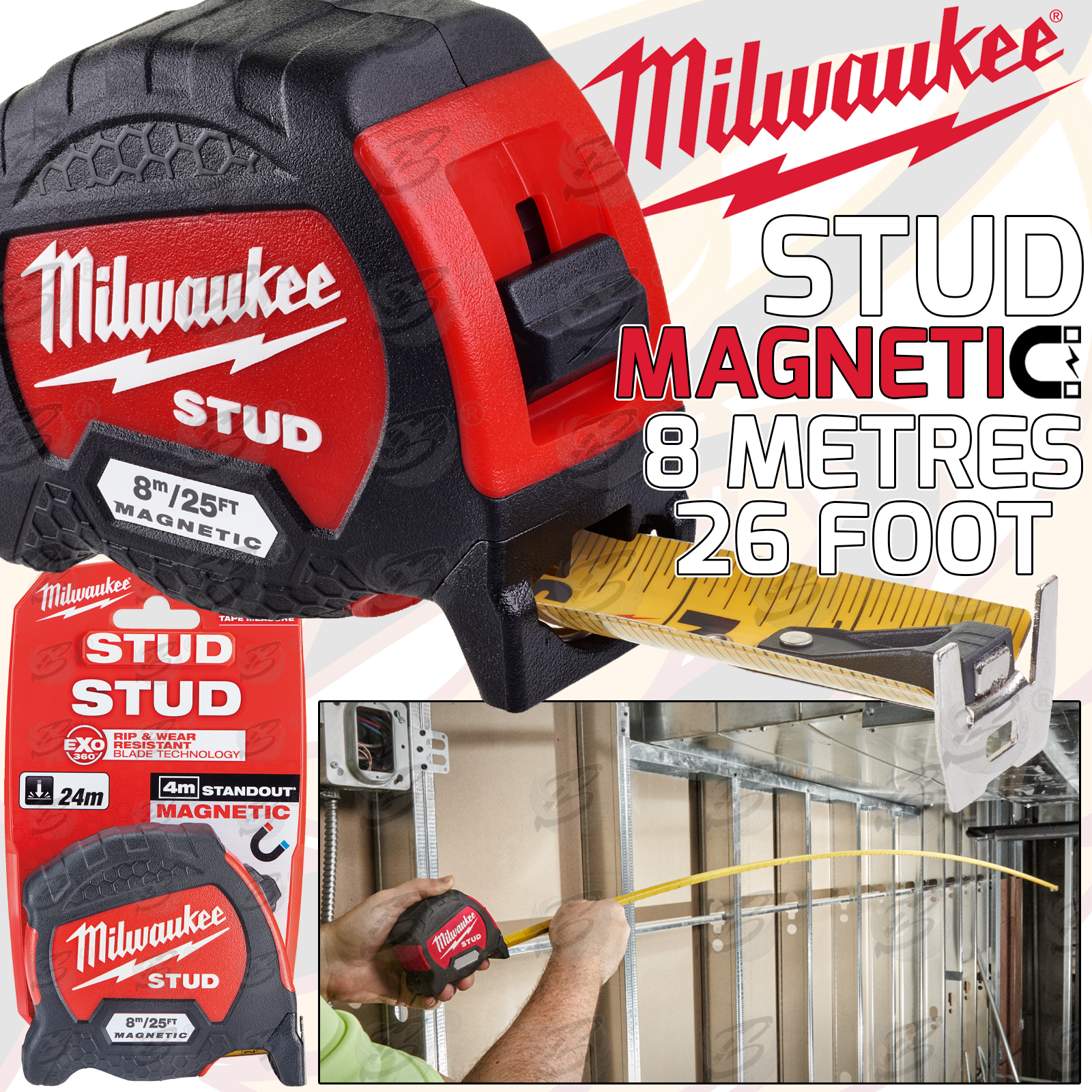 Milwaukee 8M ( 26 Foot ) Magentic Tip Stud Gen2 Nyon Blade Tape Measure ( 4932471629 )