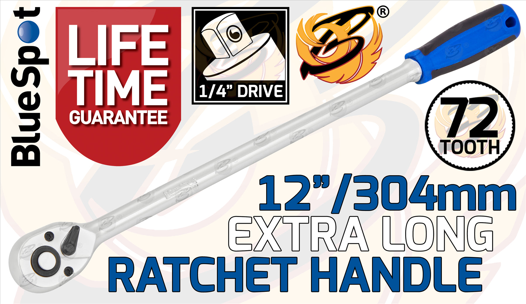 BLUESPOT 1/4" DRIVE 12" LONG 72 TOOTH EXTRA LONG RATCHET HANDLE