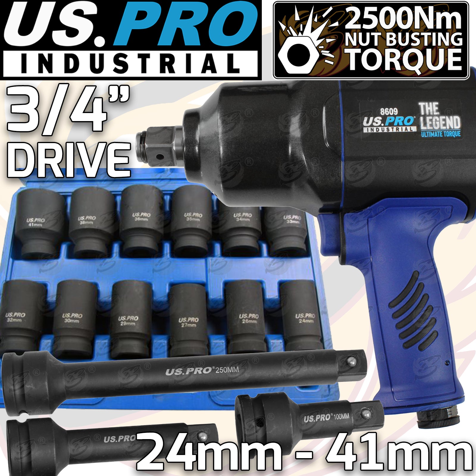 US PRO 3/4" DRIVE AIR IMPACT WRENCH 2500Nm NBT ( THE LEGEND ) & 15PCS DEEP IMPACT SOCKETS & EXTENSION BAR SETS 24MM - 41MM