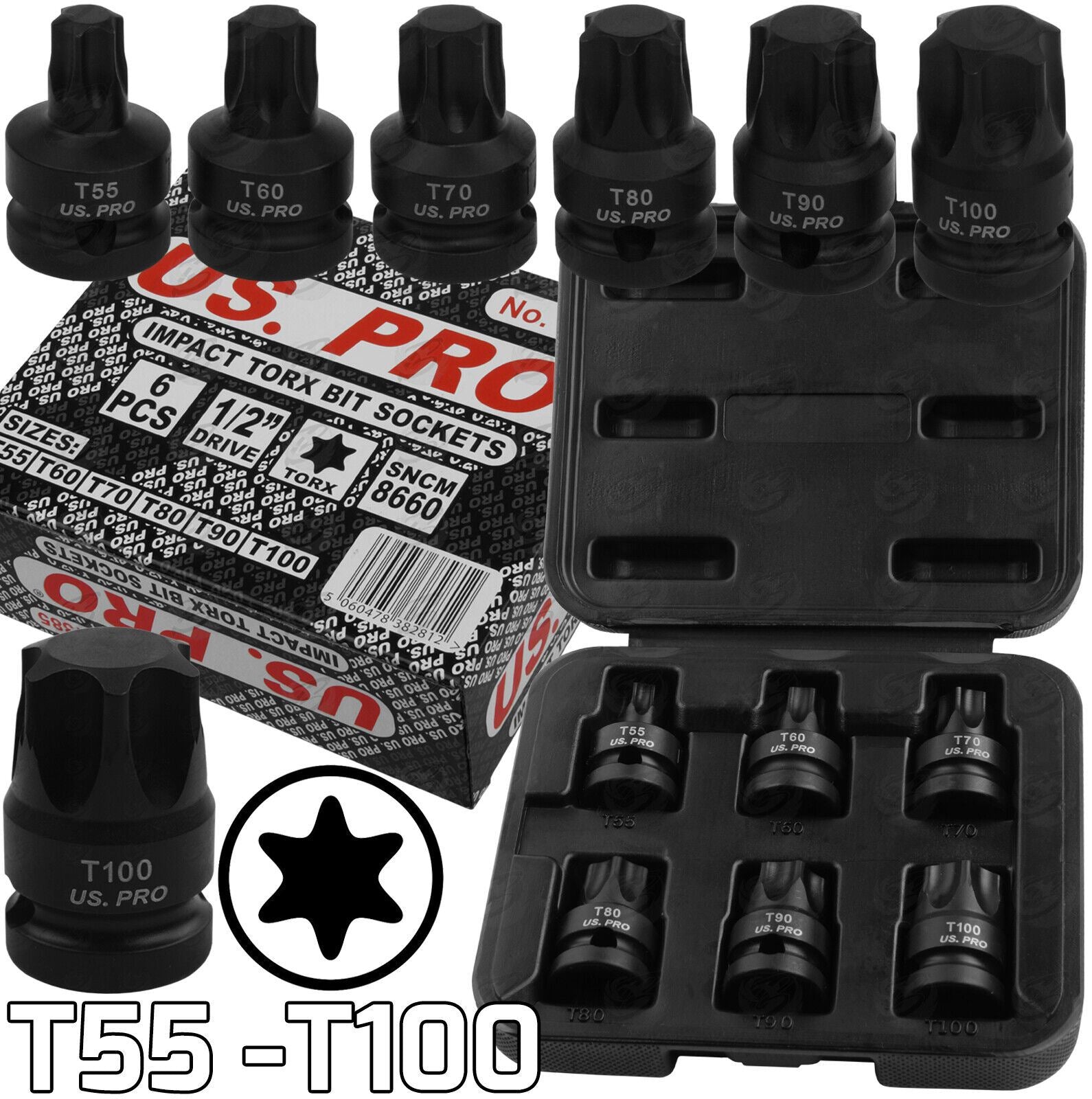 US PRO 6PCS 1/2" DRIVE IMPACT TORX BIT SOCKETS T55 - T100