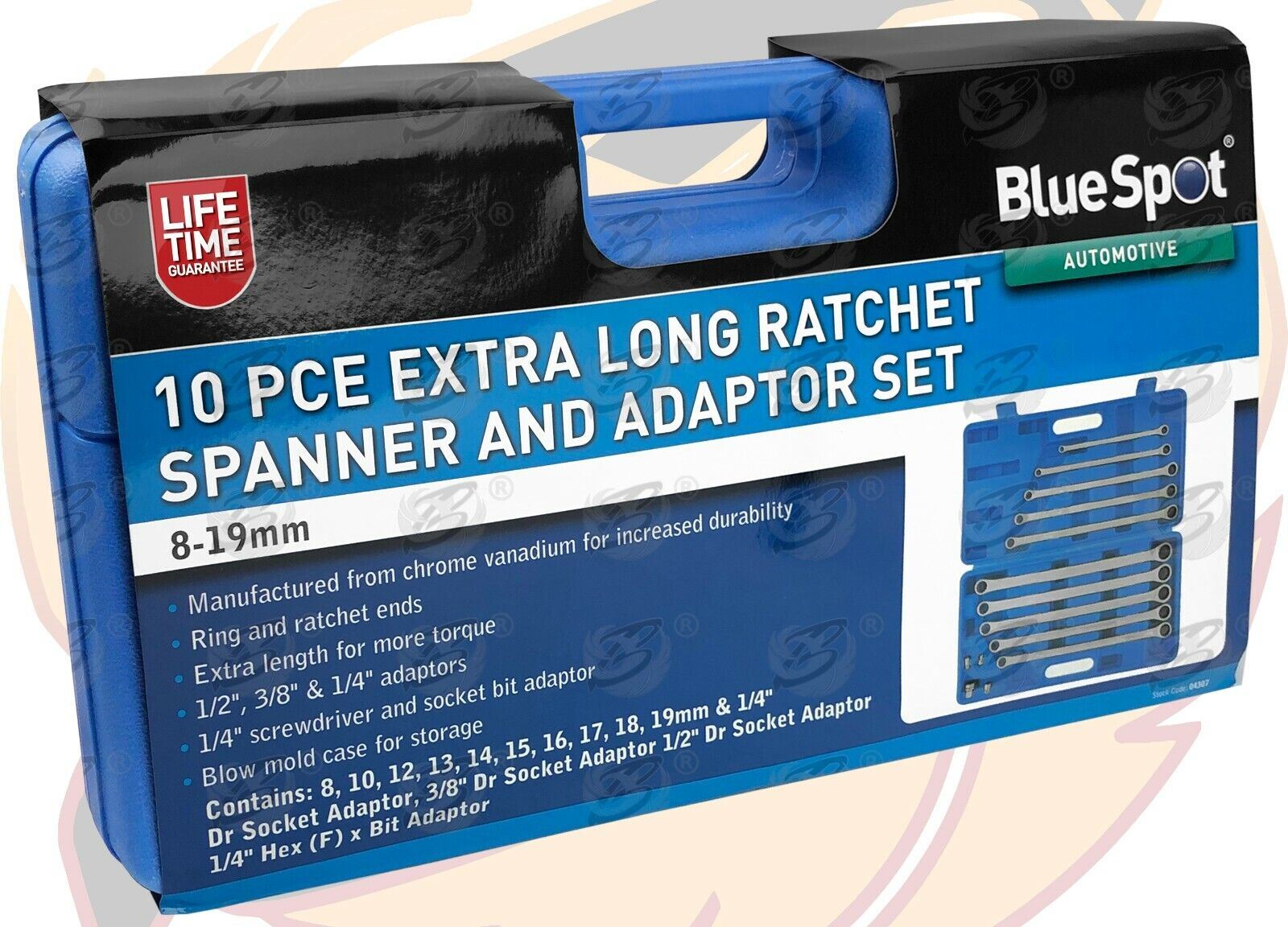 BlueSpot 10 Piece Single Ring Extra Long Ratchet Aviation Spanners 8mm - 19mm 04307