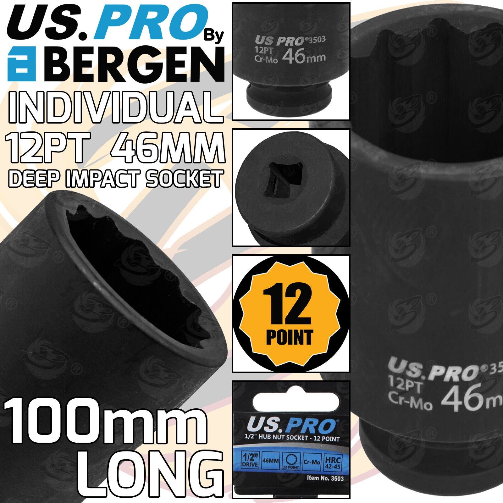 US Pro 46mm 1/2" Drive 12 Point Deep Impact Socket ( 100mm Long ) ( Single ) 3503