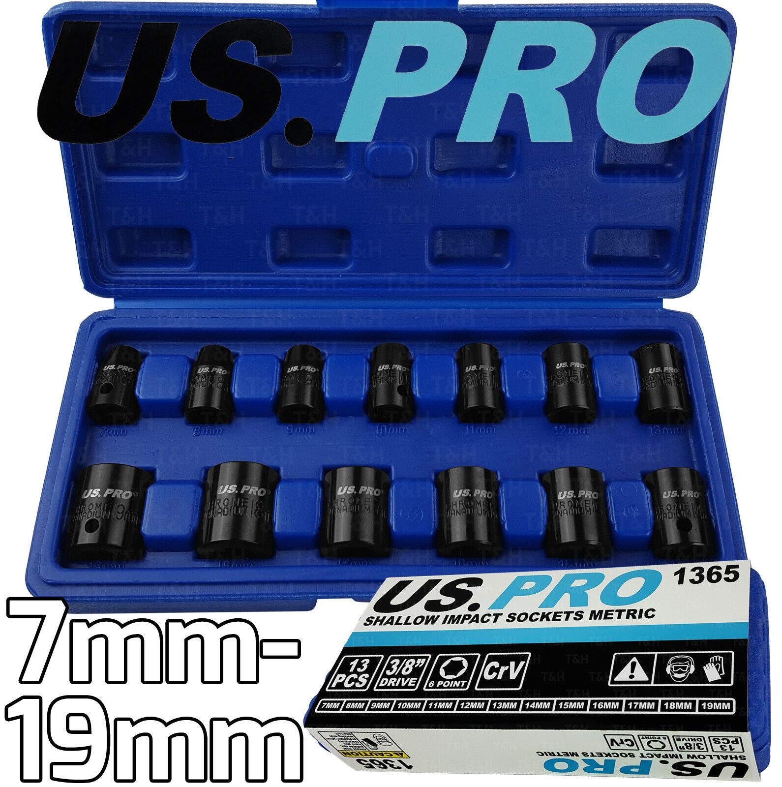 US PRO 13PCS 3/8" DRIVE 6 POINT SHALLOW IMPACT SOCKETS 7MM - 19MM