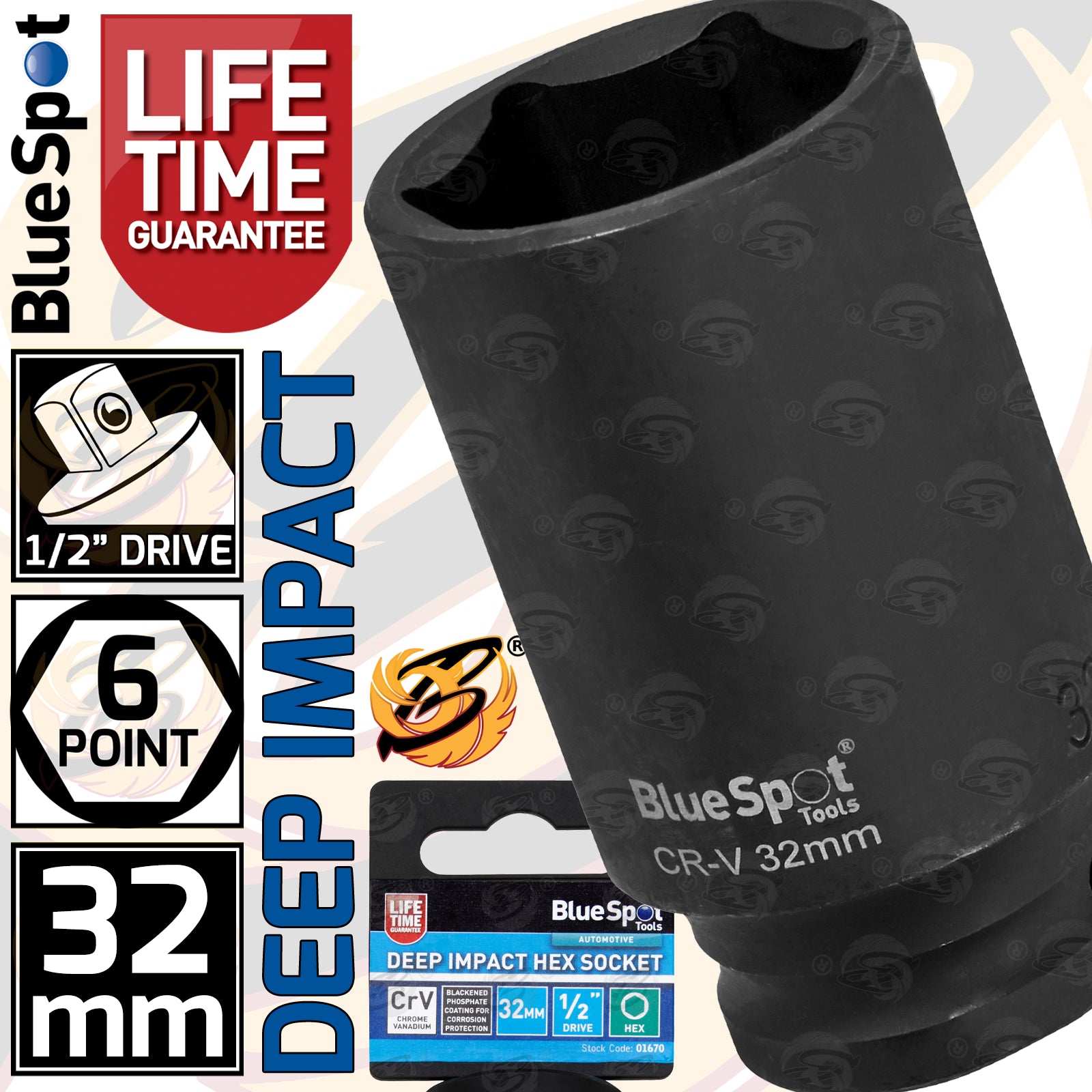 BLUESPOT 32MM 1/2" DRIVE 6 POINT DEEP IMPACT SOCKET ( SINGLE )