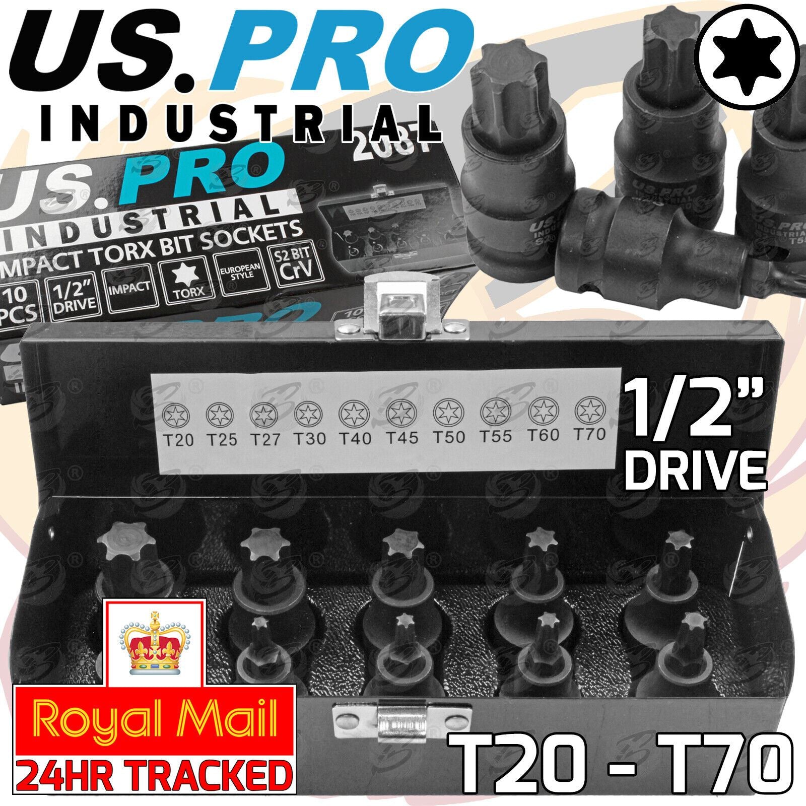 US PRO INDUSTRIAL 10PCS 1/2" DRIVE IMPACT TORX BIT SOCKETS T20 - T70