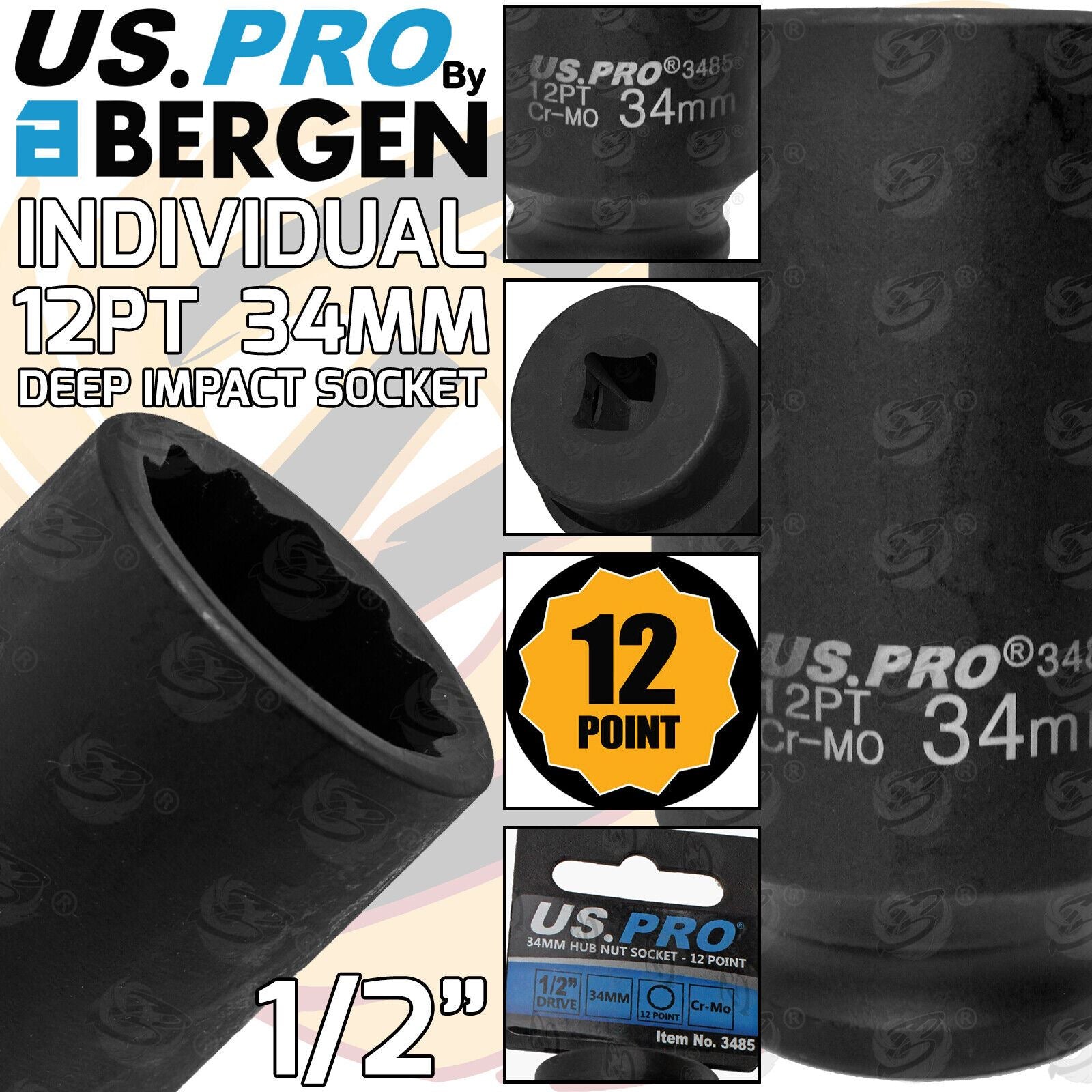 US Pro 34mm 1/2" Drive 12 Point Deep Impact Socket ( Single ) 3485