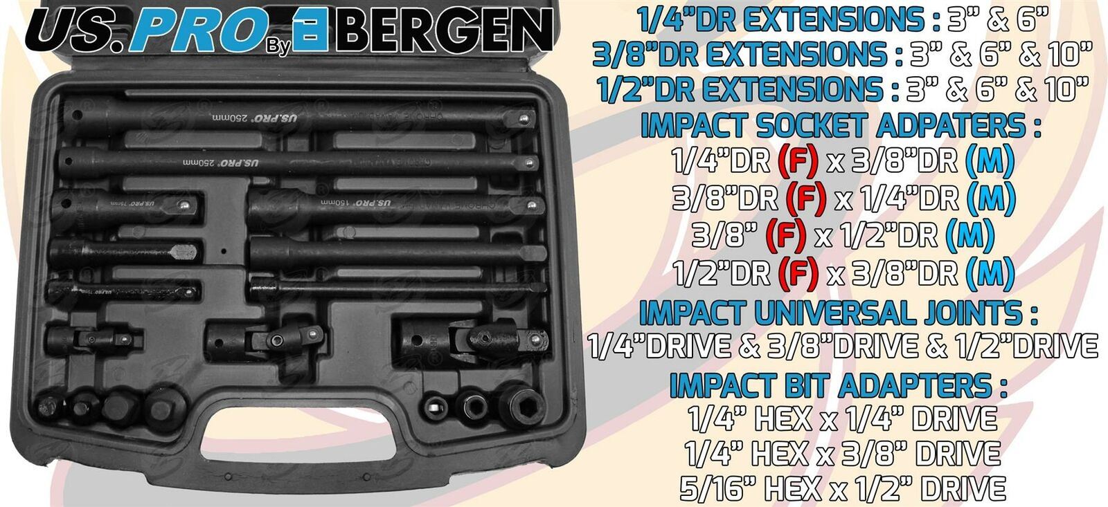 US Pro 18 Piece 1/4" & 3/8" & 1/2" Drive Impact Accessory Kit ( 3685 )