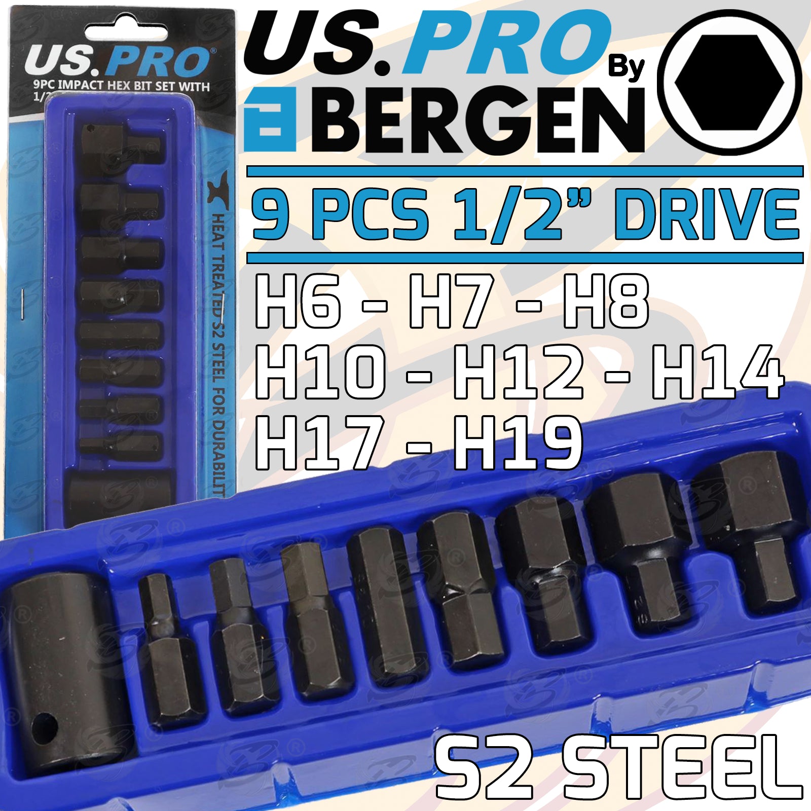 US PRO 9PCS 1/2" DRIVE IMPACT HEX BIT SOCKETS H6 - H19