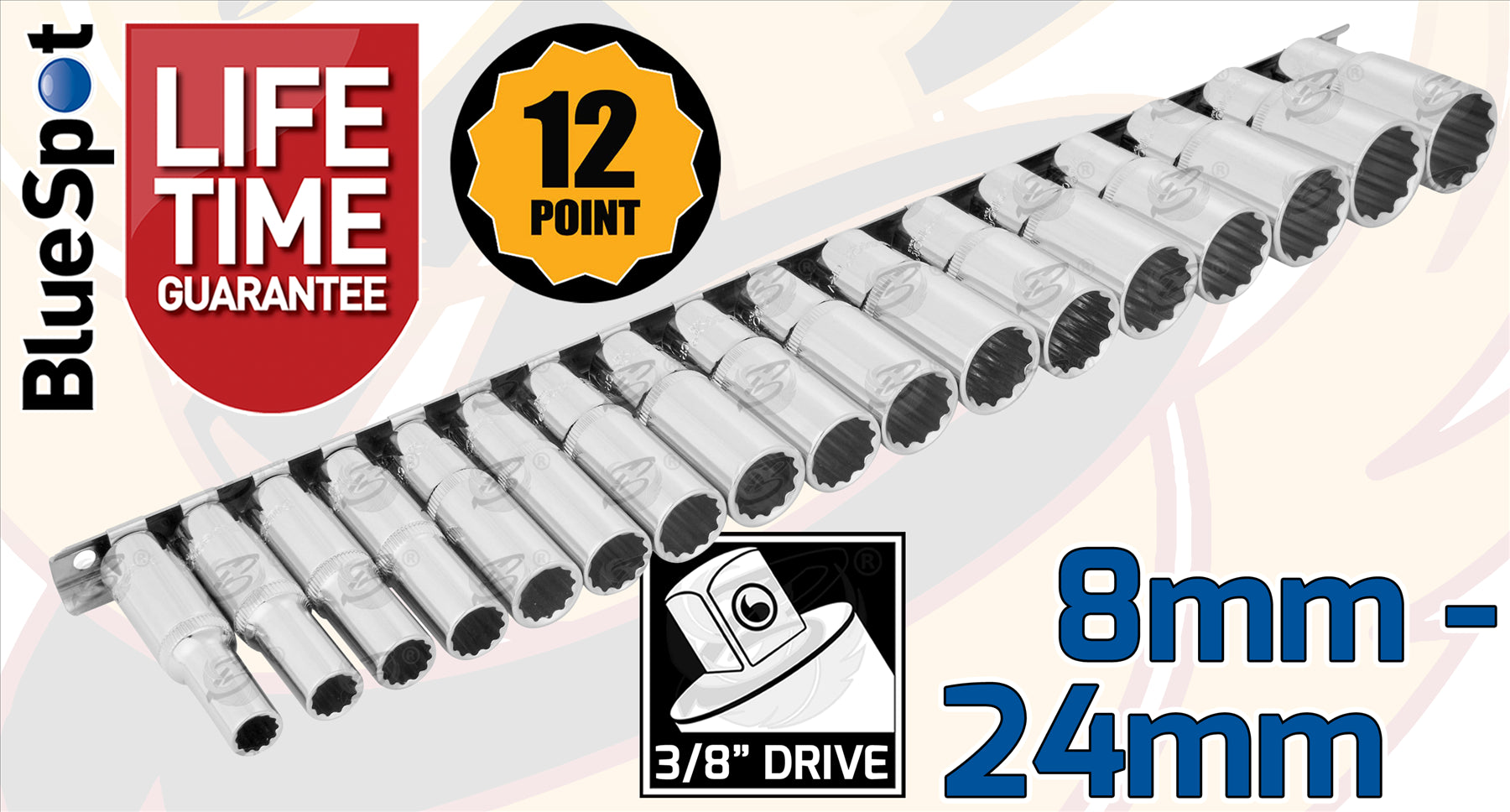 BLUESPOT 17PCS 3/8" DRIVE 12 POINT DEEP SOCKETS 8MM - 24MM