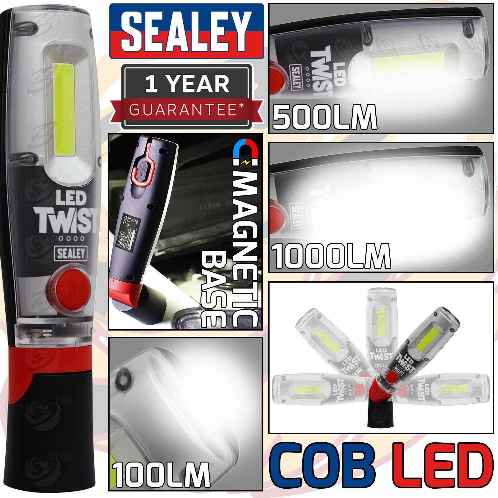 SEALEY RECHARGEABLE COB LED LI - ION WORK LIGHT ( 1000LM )