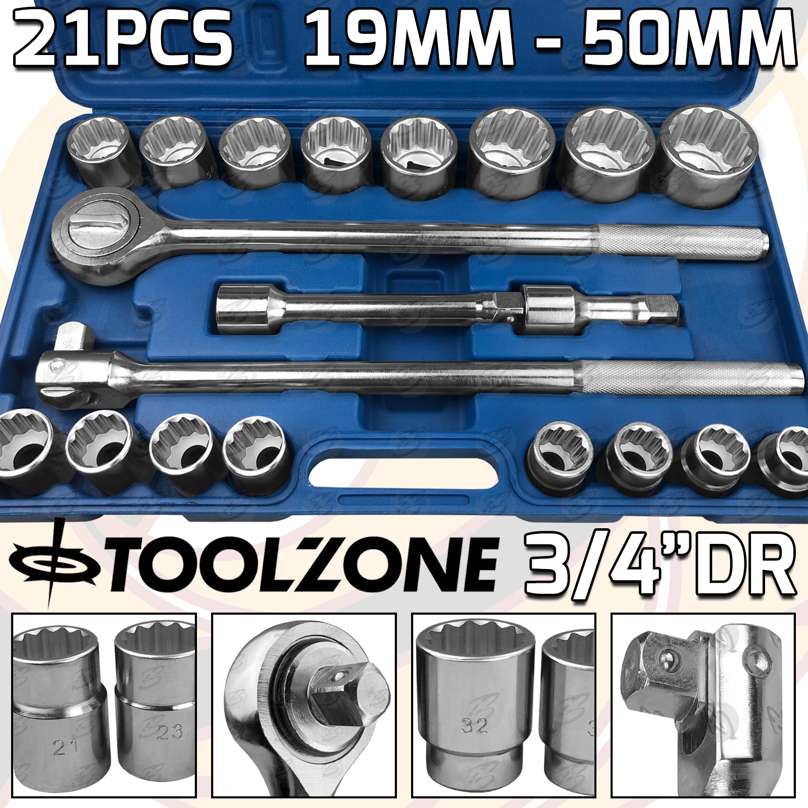 TOOLZONE 21PCS 3/4" DRIVE 12 POINT SOCKET SET 19MM - 50MM