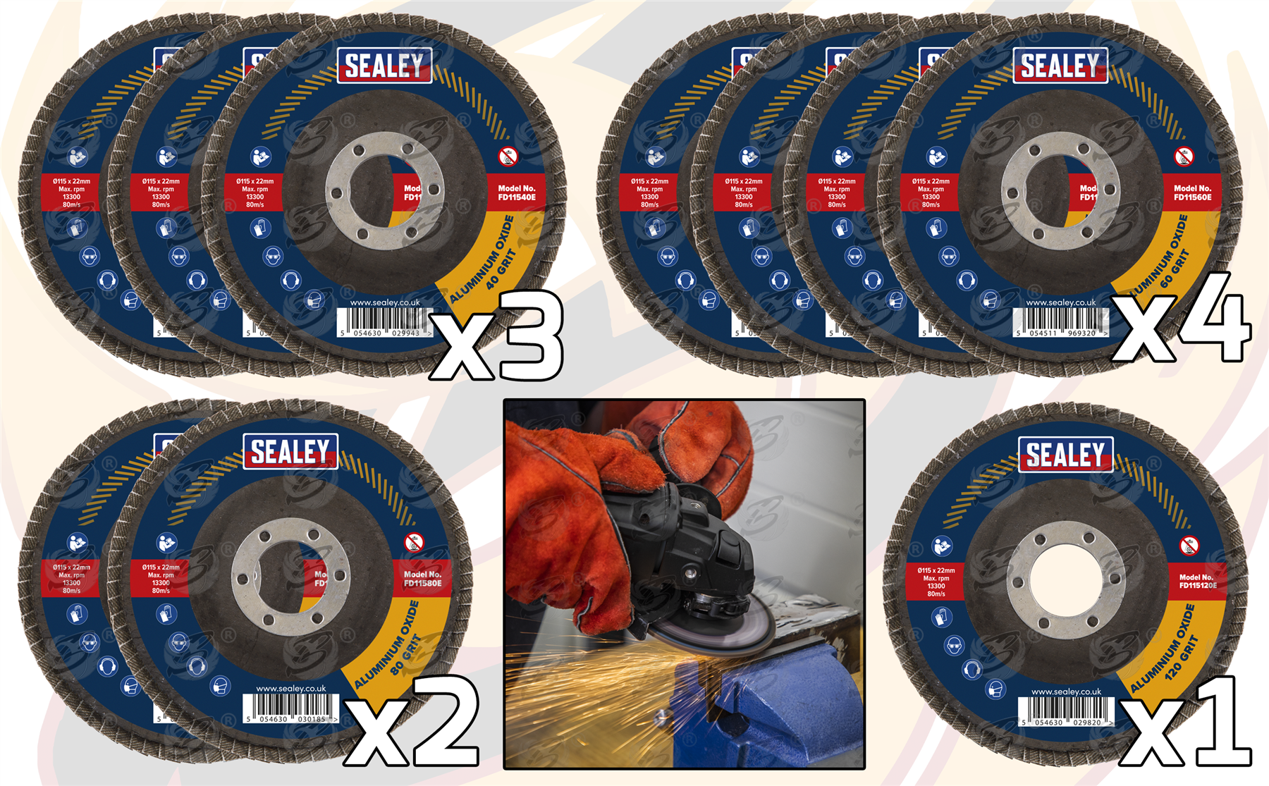 Sealey 10 Piece Assorted Grit / Flap Disc ( 40/60/80/120 Grit ) ( FD115EMIX )