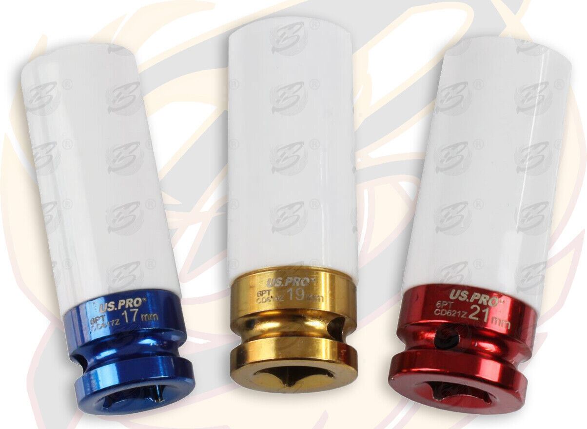 US Pro 3 Piece 1/2" Drive 6 Point Deep Alloy Wheel Nut Sockets 17mm - 21mm 3837