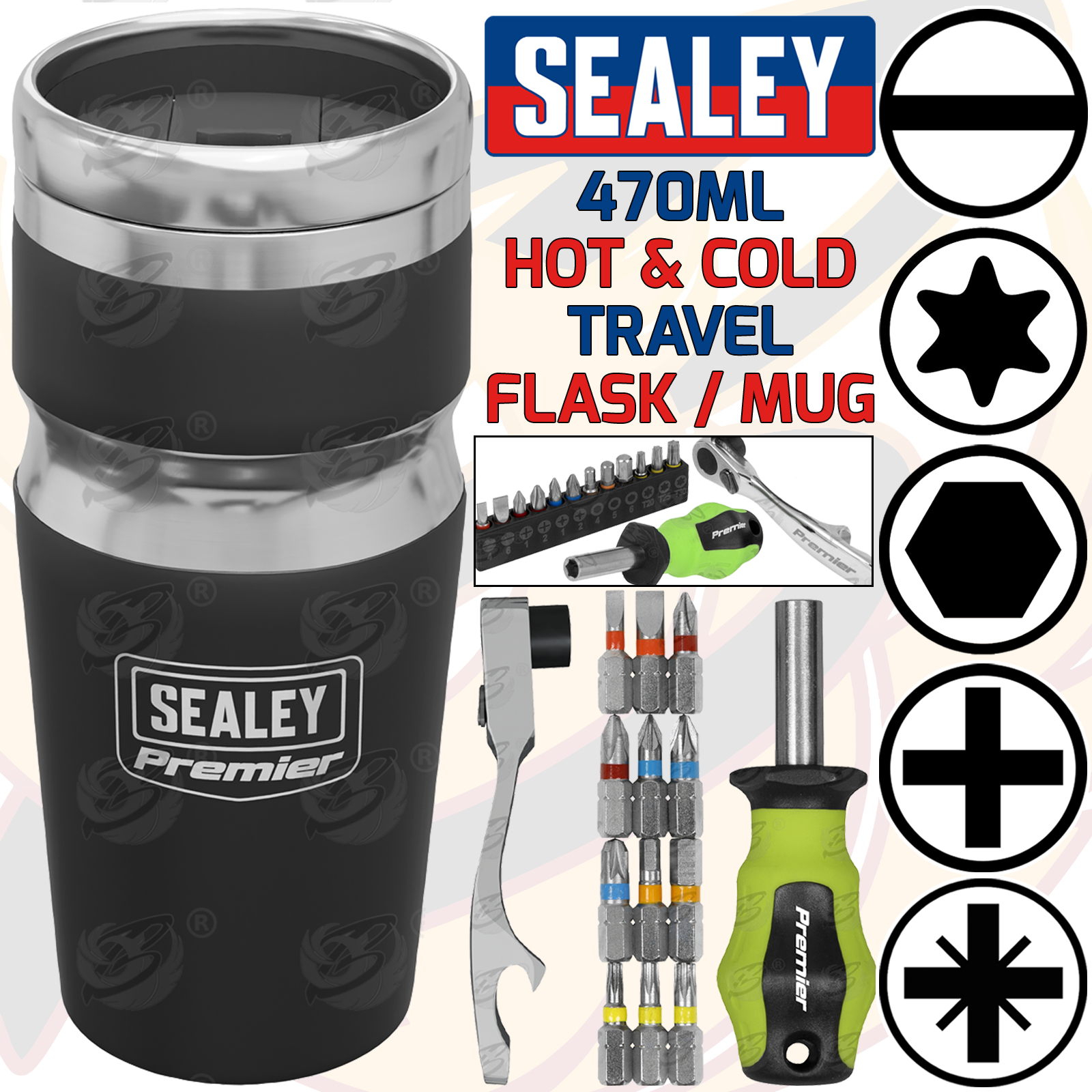 Sealey Thermal Insulated Travel Mug & Mini Tool Set & Ratchet Handle ( CCP22 )