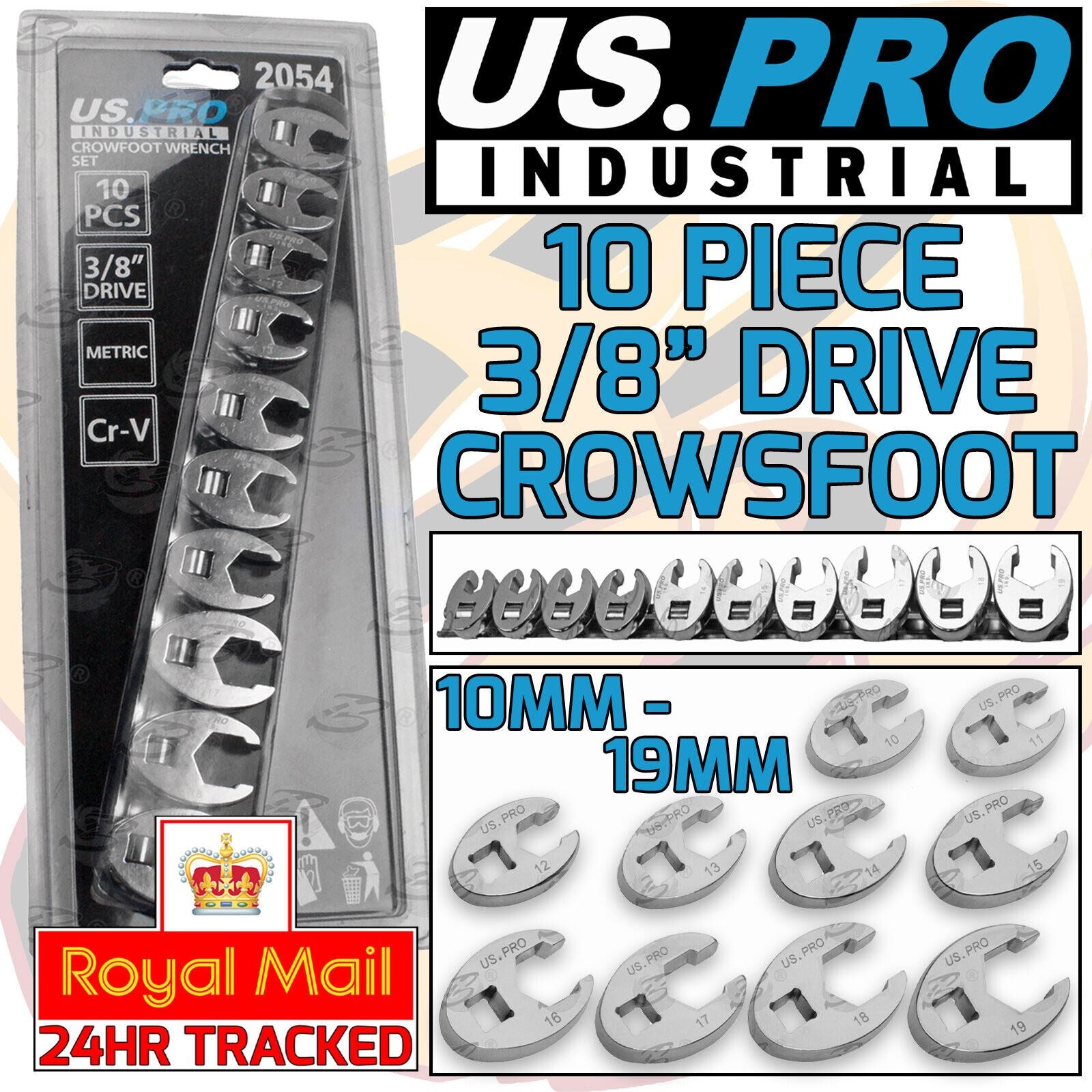 US PRO INDUSTRIAL 10PCS 3/8" DRIVE CROWFOOT SPANNERS 10MM - 19MM
