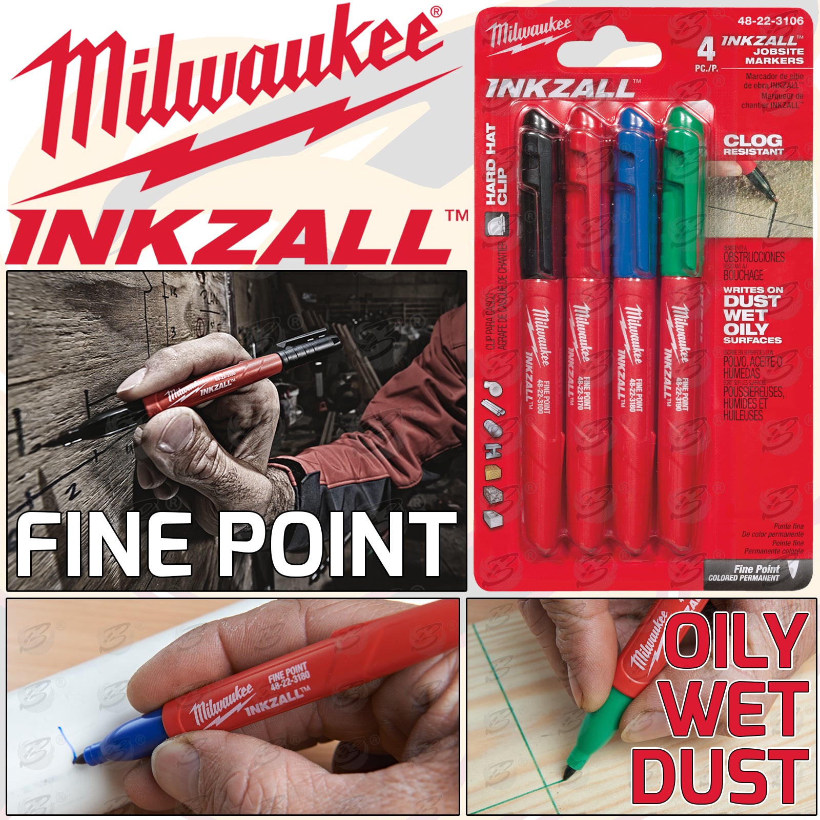MILWAUKEE INKZALL FINE POINT ALL SURFACE MARKER PENS ( X 4 )