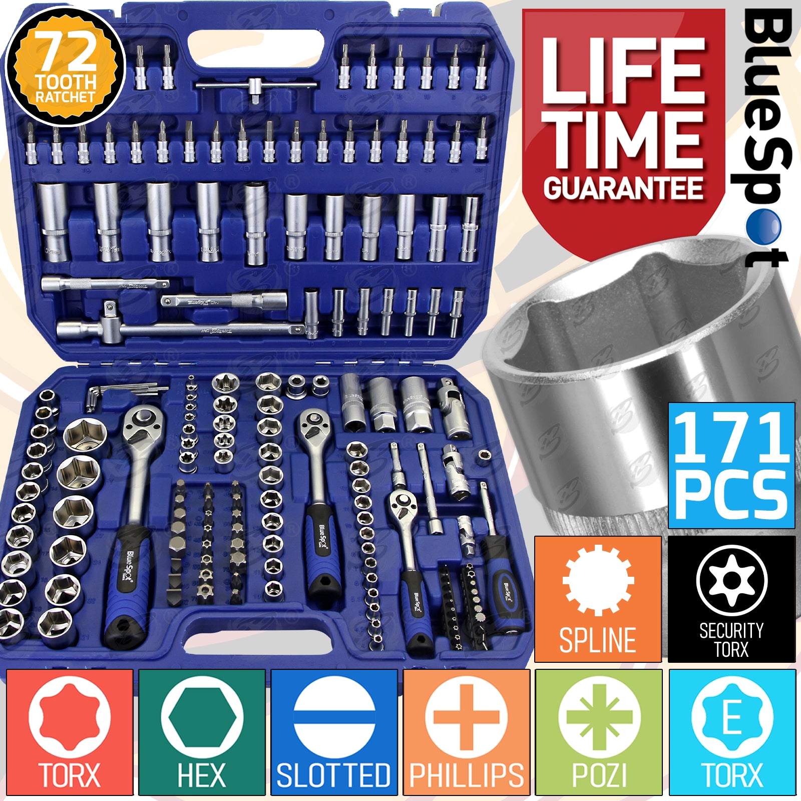 BLUESPOT 171PCS 1/4" & 3/8" & 1/2" DRIVE 6 POINT SOCKET SET