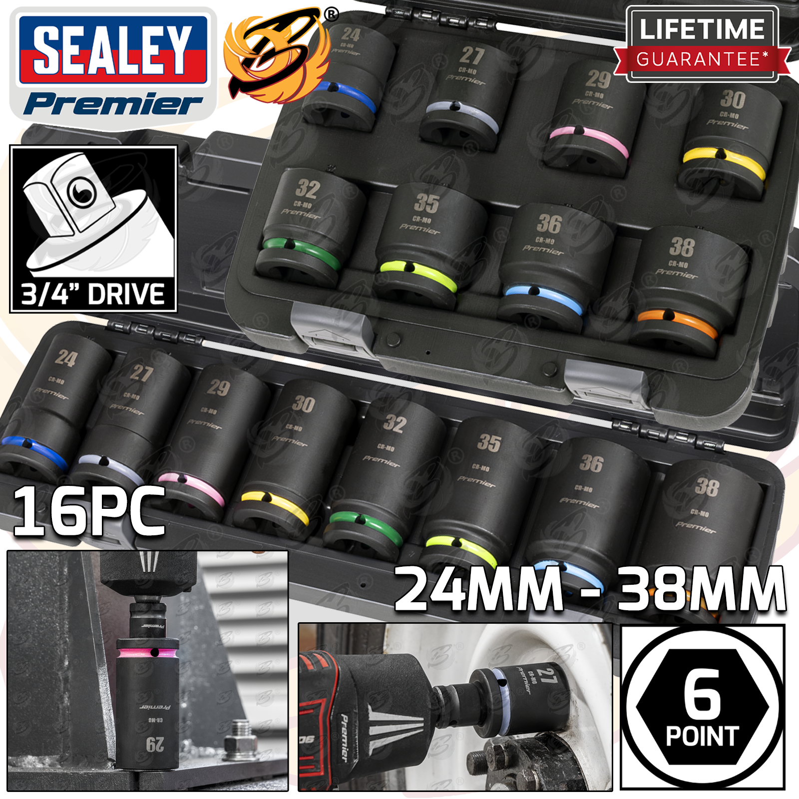 SEALEY 16PCS 3/4" DRIVE 6 POINT DEEP & SHALLOW IMPACT SOCKETS 24MM - 38MM