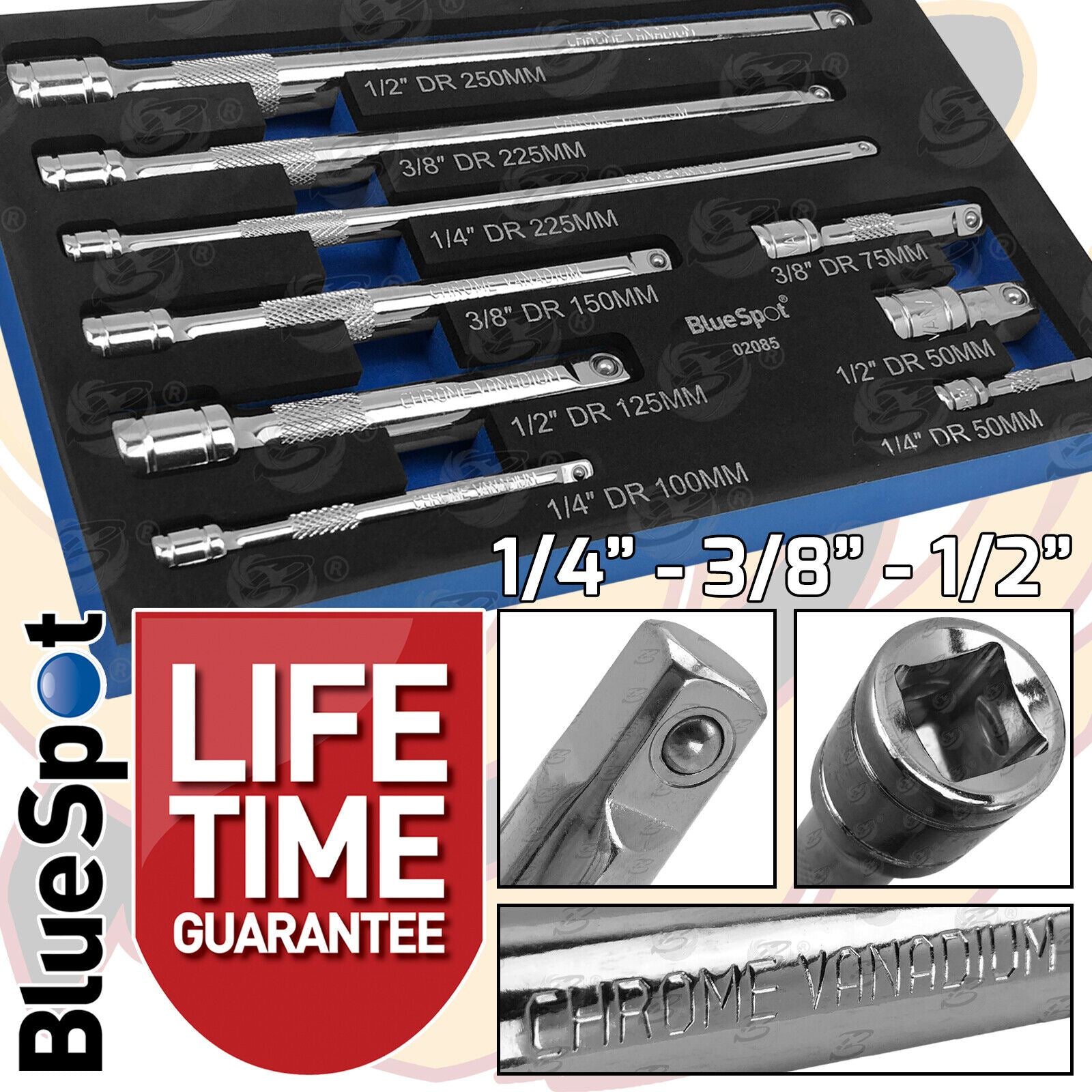 BLUESPOT 9PCS 1/4" & 3/8" & 1/2" DRIVE EXTENSION BARS 50MM - 250MM