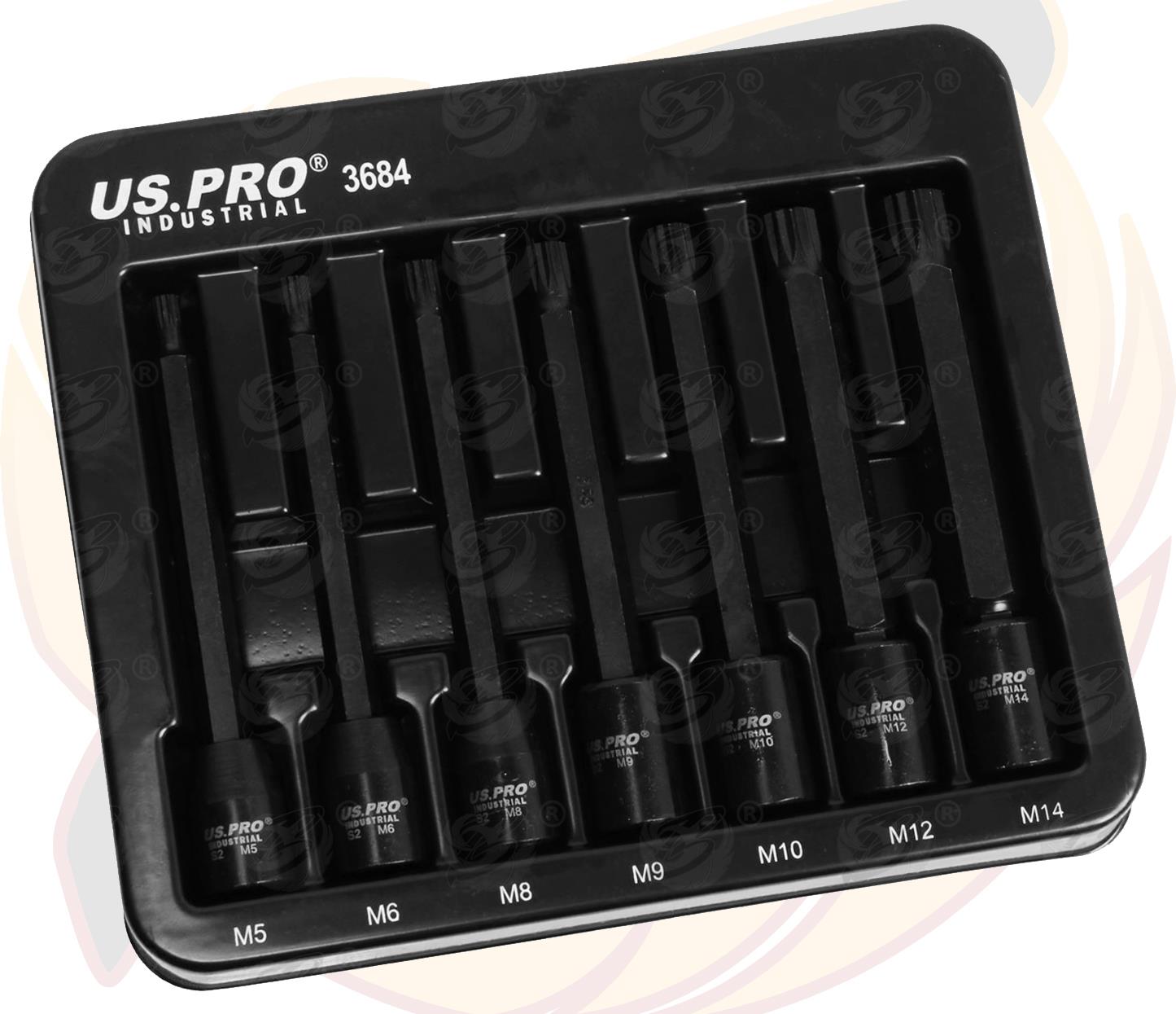 US Pro Industrial 7 Piece 3/8" Drive Extra Long Impact Spline Bit Sockets M5 - M14 3684