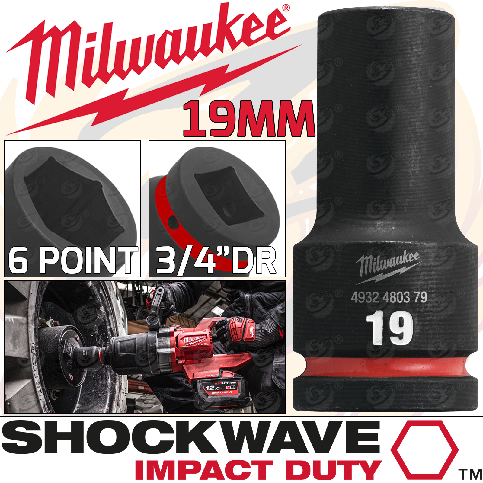 Milwaukee 19mm 3/4" Drive 6 Point Deep Impact Socket ( Single ) ( 4932480379 )