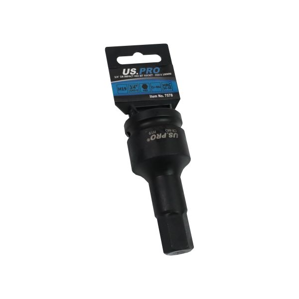 US Pro 3/4" Drive Impact Hex Bit Socket H19 x 100mm 7578
