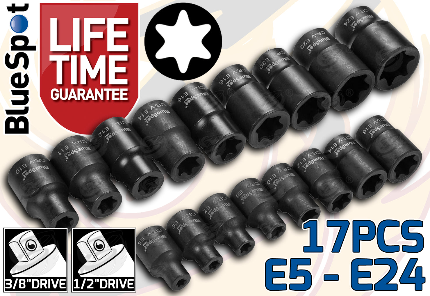 BLUESPOT 17PCS 3/8" & 1/2" DR IMPACT E - TORX SOCKETS E5 - E24