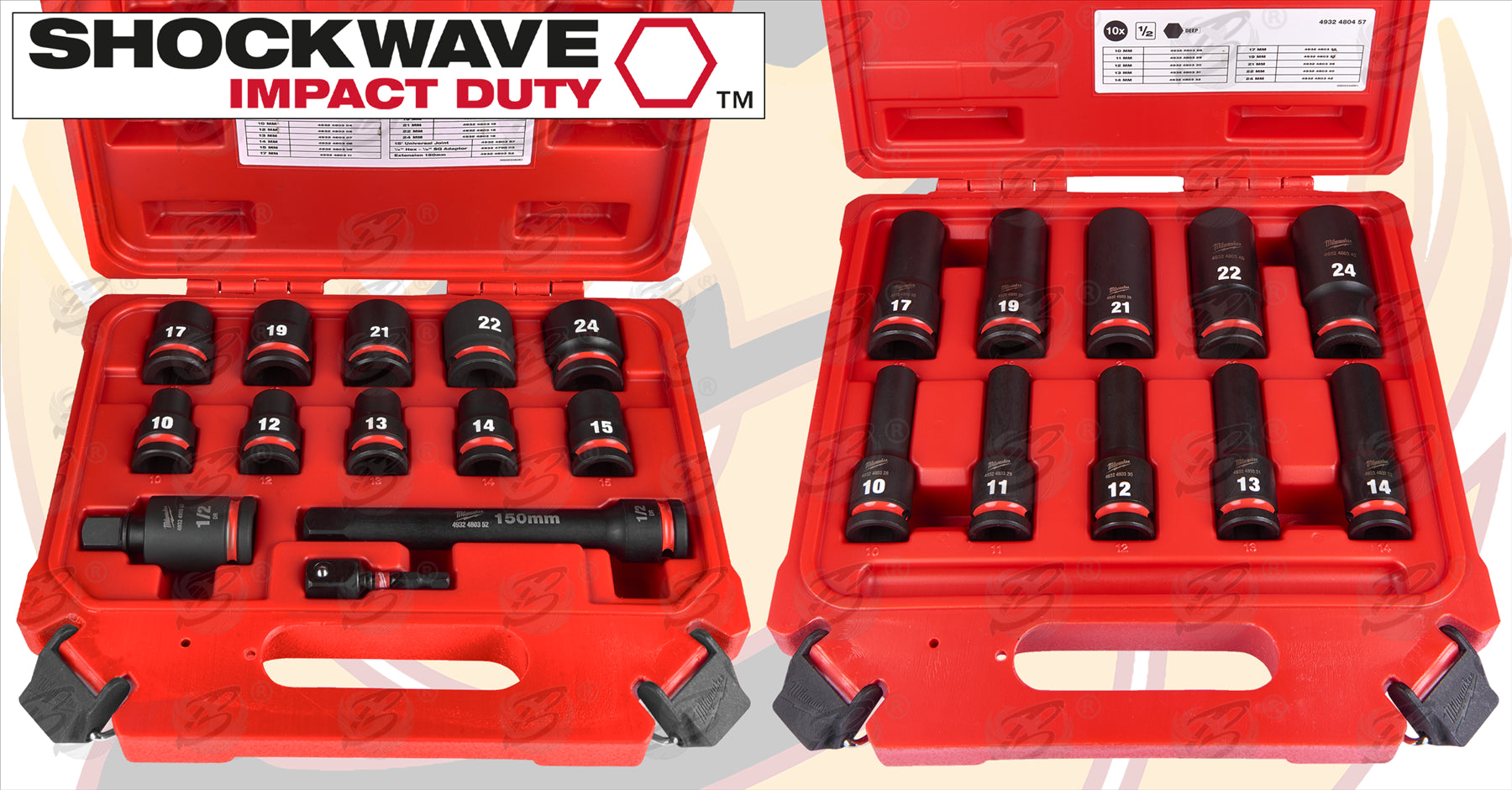 MILWAUKEE 23PCS 1/2" DRIVE 6 POINT DEEP & SHALLOW IMPACT SOCKETS & ADAPTER SET 10MM - 24MM ( SHOCKWAVE IMPACT DUTY )