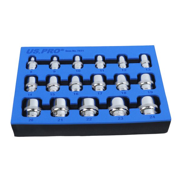US Pro 17 Piece 3/8" Drive 6 Point Shallow Sockets 8mm - 24mm 7611