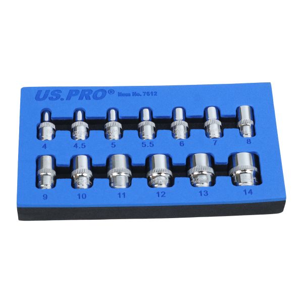US Pro 13 Piece 1/4" Drive 6 Point Shallow Sockets 4mm - 14mm 7612