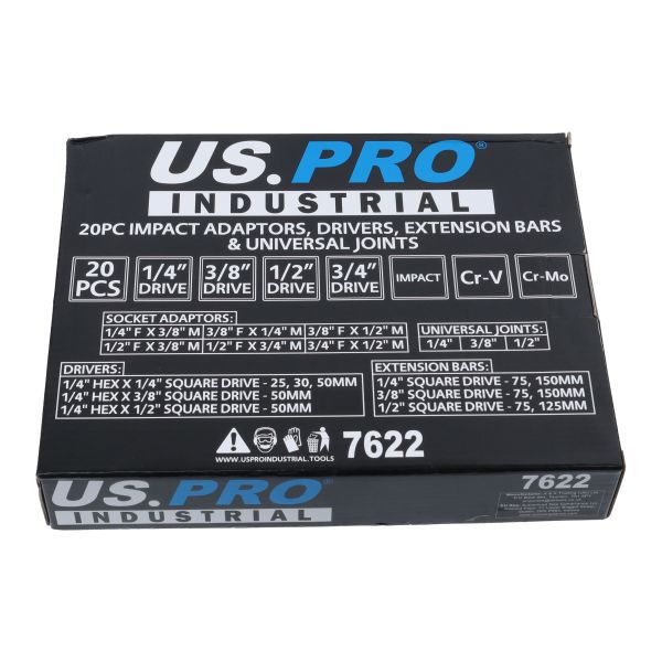 Us Pro 20 Piece Impact Accessory Set - Adaptors - Extension Bars - Universal Joints 1/4" - 3/8" - 1/2" Drive 7622