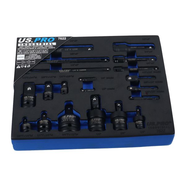Us Pro 20 Piece Impact Accessory Set - Adaptors - Extension Bars - Universal Joints 1/4" - 3/8" - 1/2" Drive 7622