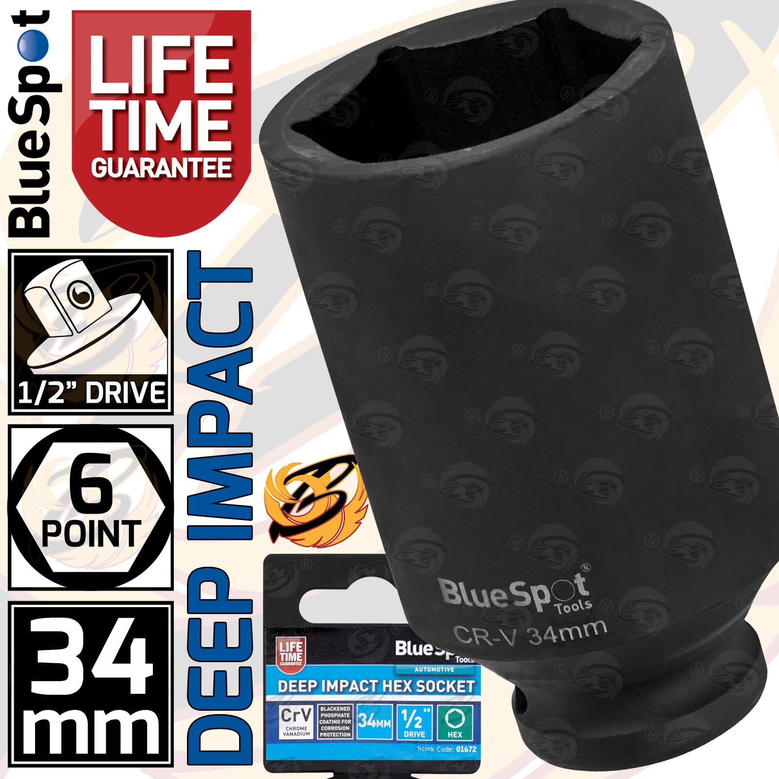 BLUESPOT 34MM 1/2" DRIVE 6 POINT DEEP IMPACT SOCKET ( SINGLE )