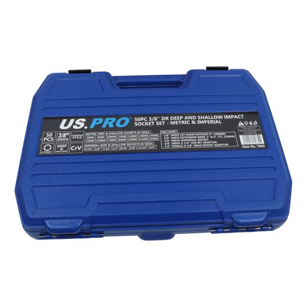 US Pro 50 Piece 3/8" Drive 6 Point Deep & Shallow Impact Socket Set Metric & Imperial 8mm - 22mm & 5/16" - 3/4" 7642