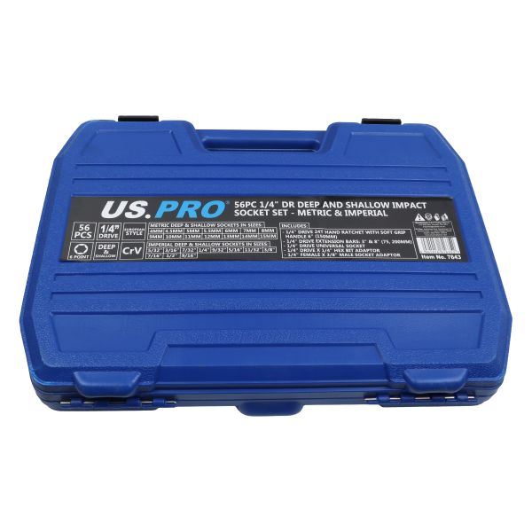 US Pro 56 Piece 1/4" Drive 6 Point Deep & Shallow Impact Socket Set Metric & Imperial 4mm - 15mm & 5/32" - 9/16" 7643