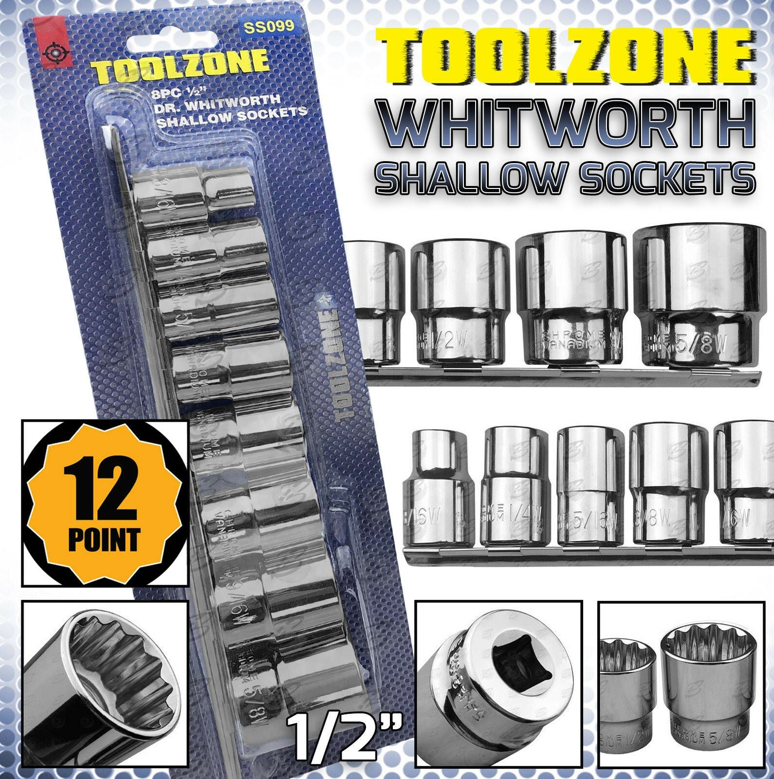 TOOLZONE 8PCS 1/2" DRIVE 12 POINT WHITWORTH SHALLOW SOCKETS