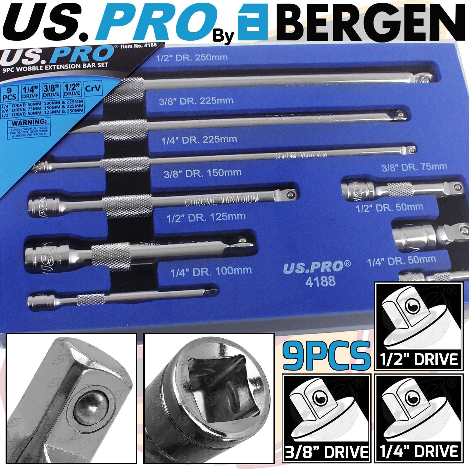 US Pro 9 Piece 1/4" & 3/8" & 1/2" Drive Wobble Extension Bars 50mm - 250mm 4188